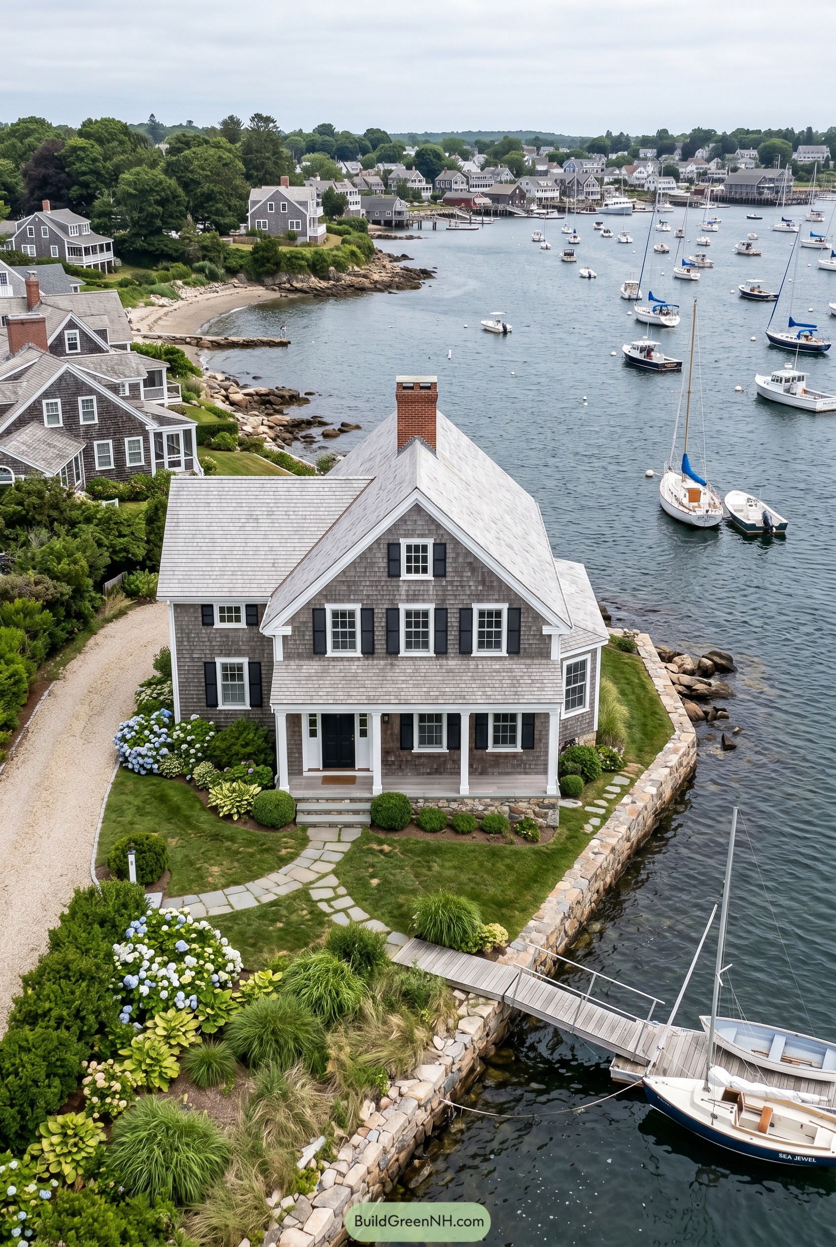 Gray shingle waterfront home with dock and stone seawall