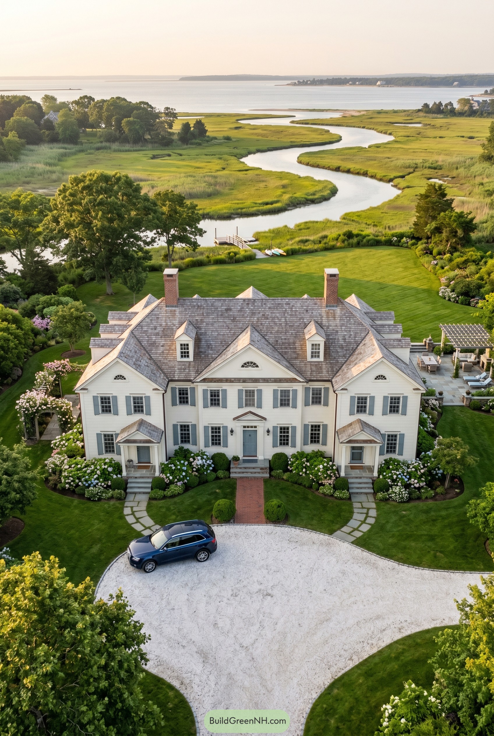 Large white coastal house beside a winding marsh