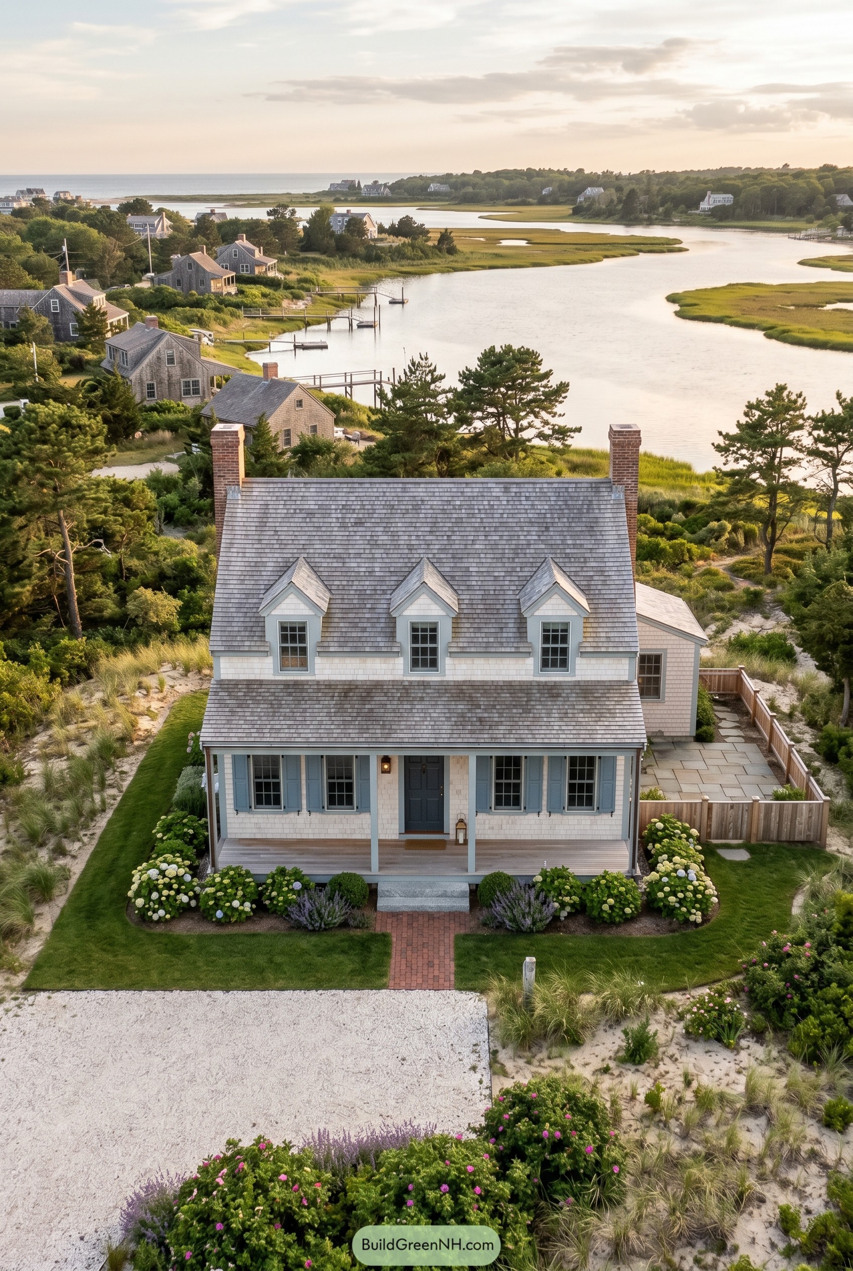 Shingled coastal cottage overlooking a salt marsh