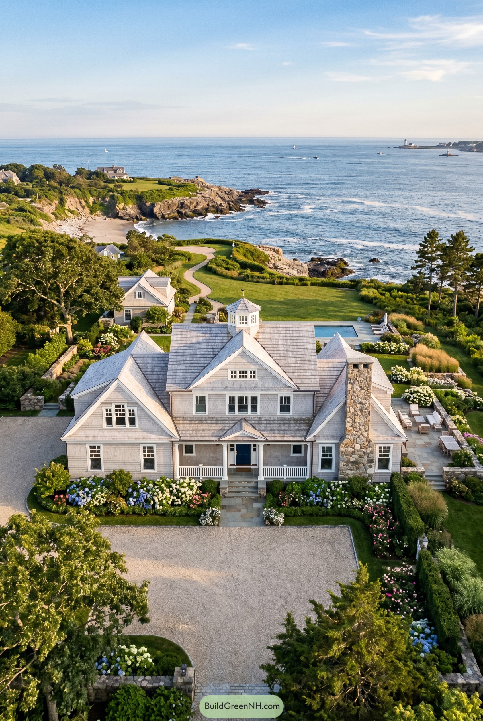 Shingle style coastal estate on rocky bluff