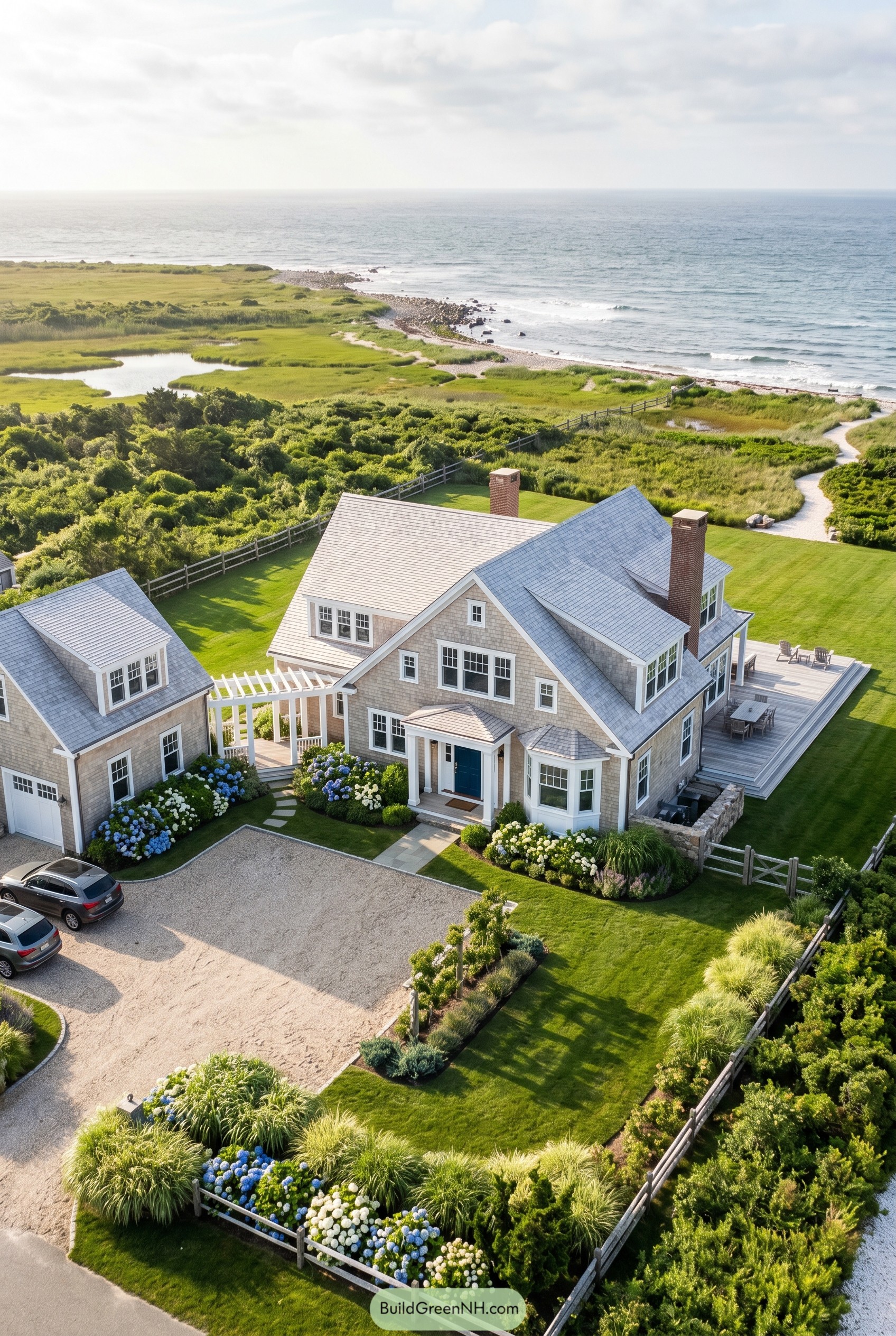 Shingle style coastal house by the sea