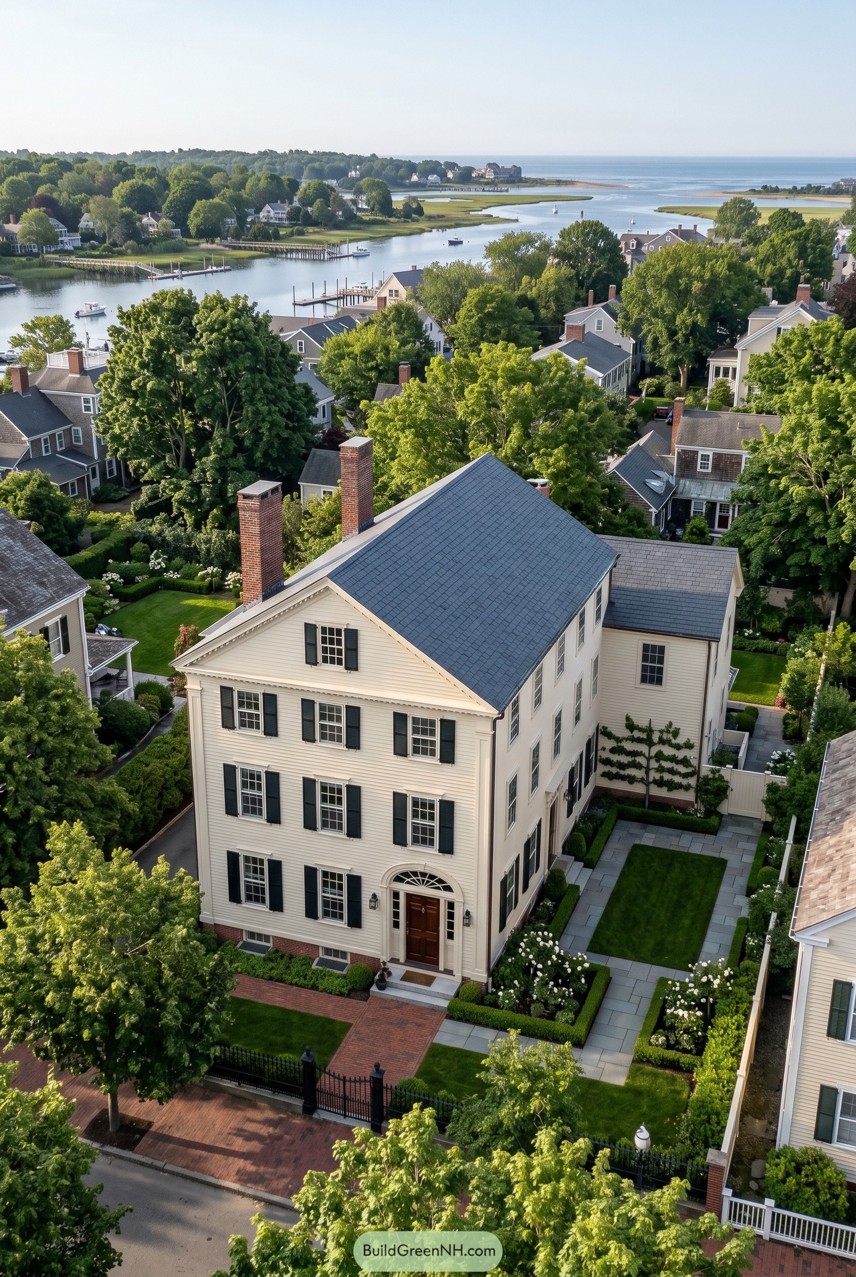 Tall white Federal house by harbor