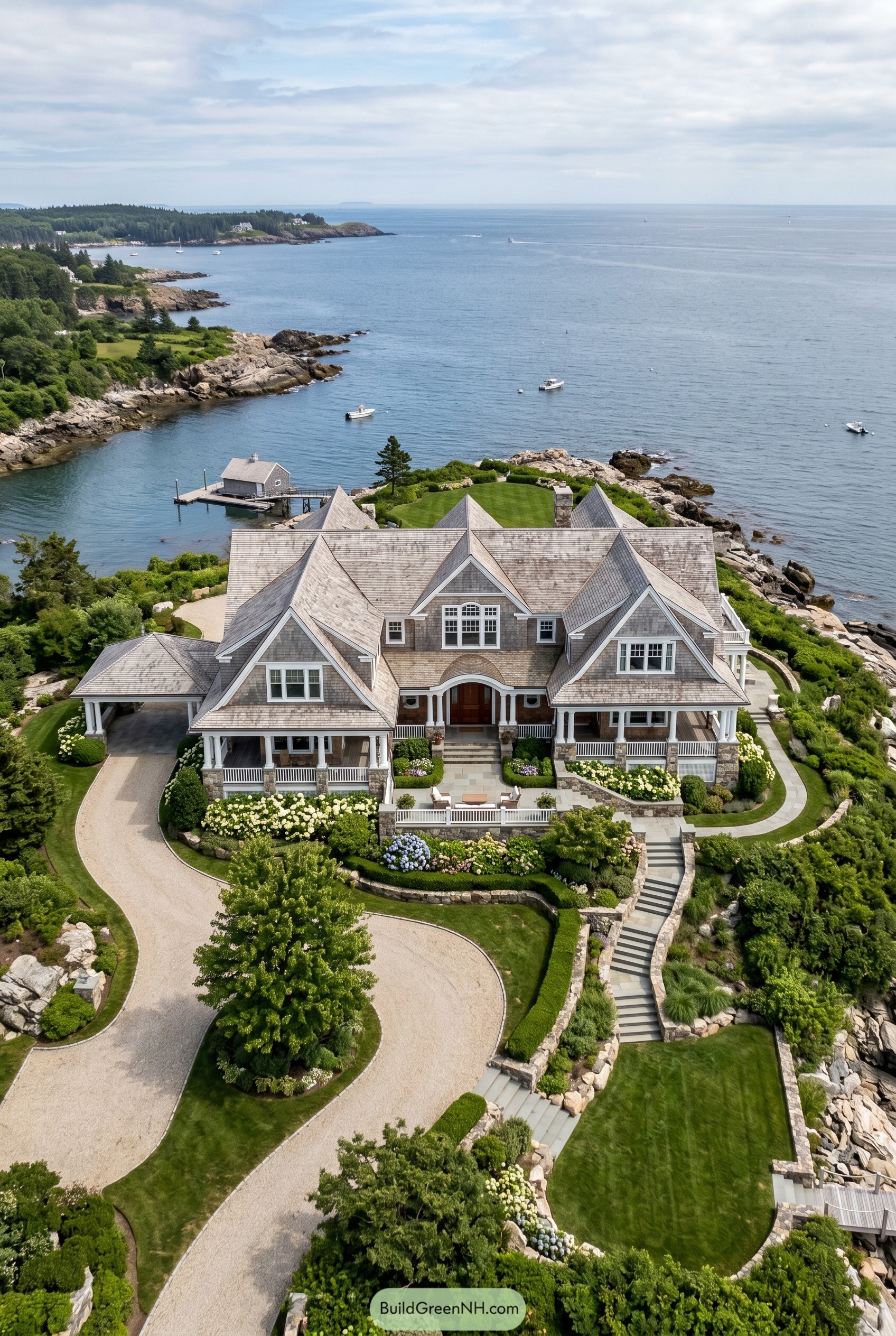Shingle style seaside estate with dock