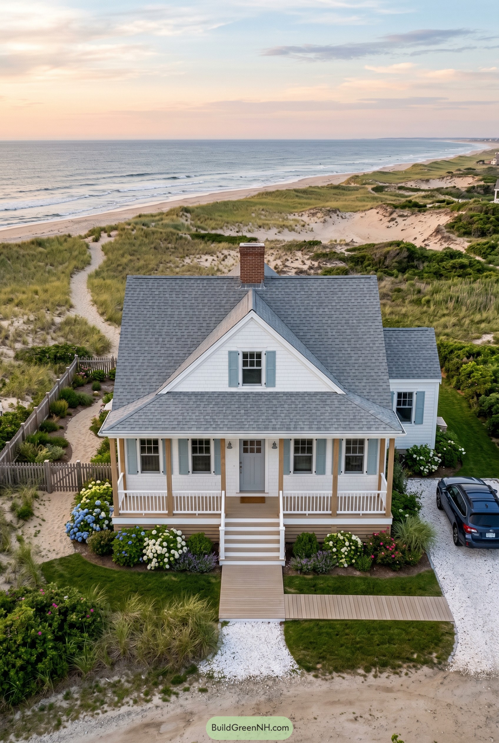 White beach cottage beside sandy dunes