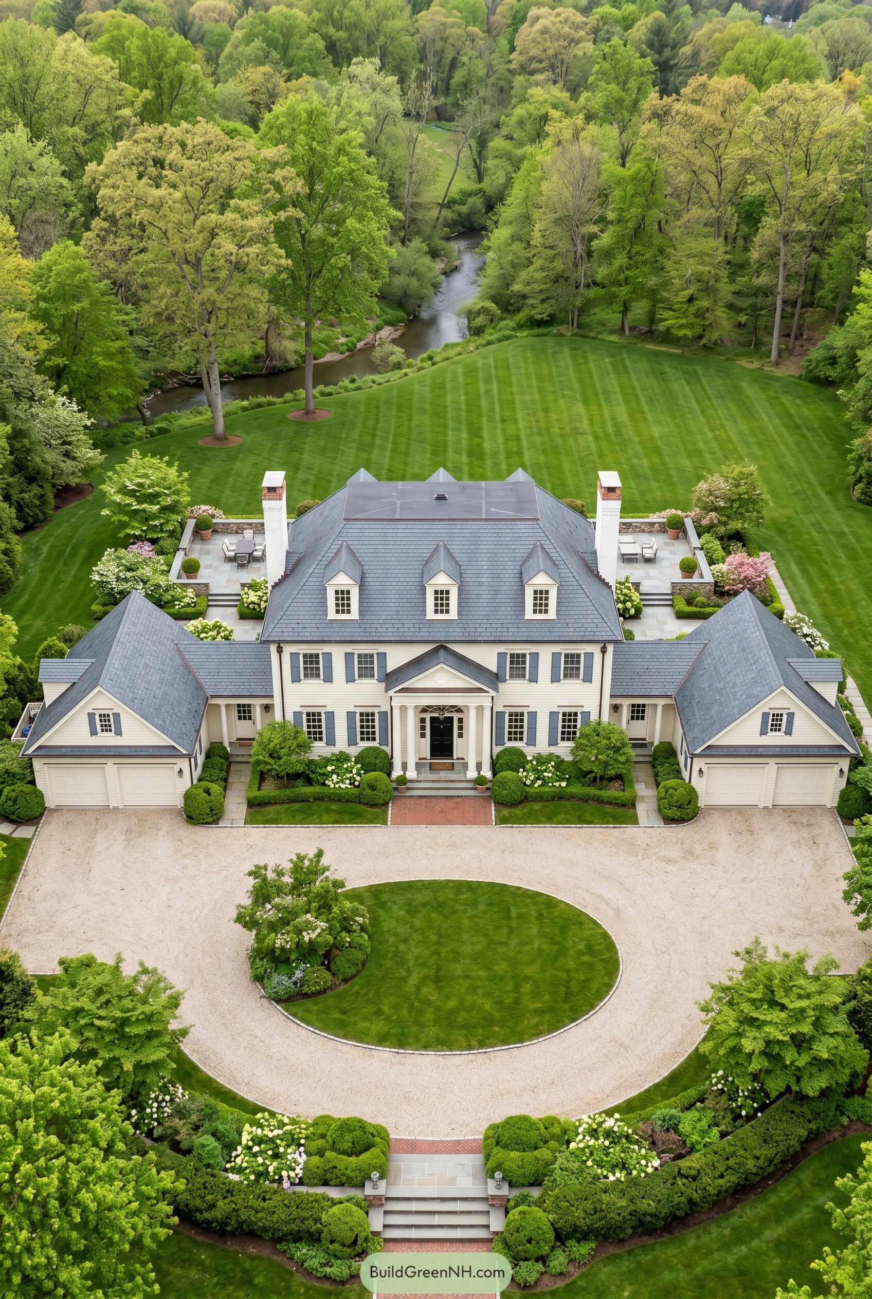Symmetrical white estate with slate roof and circular drive