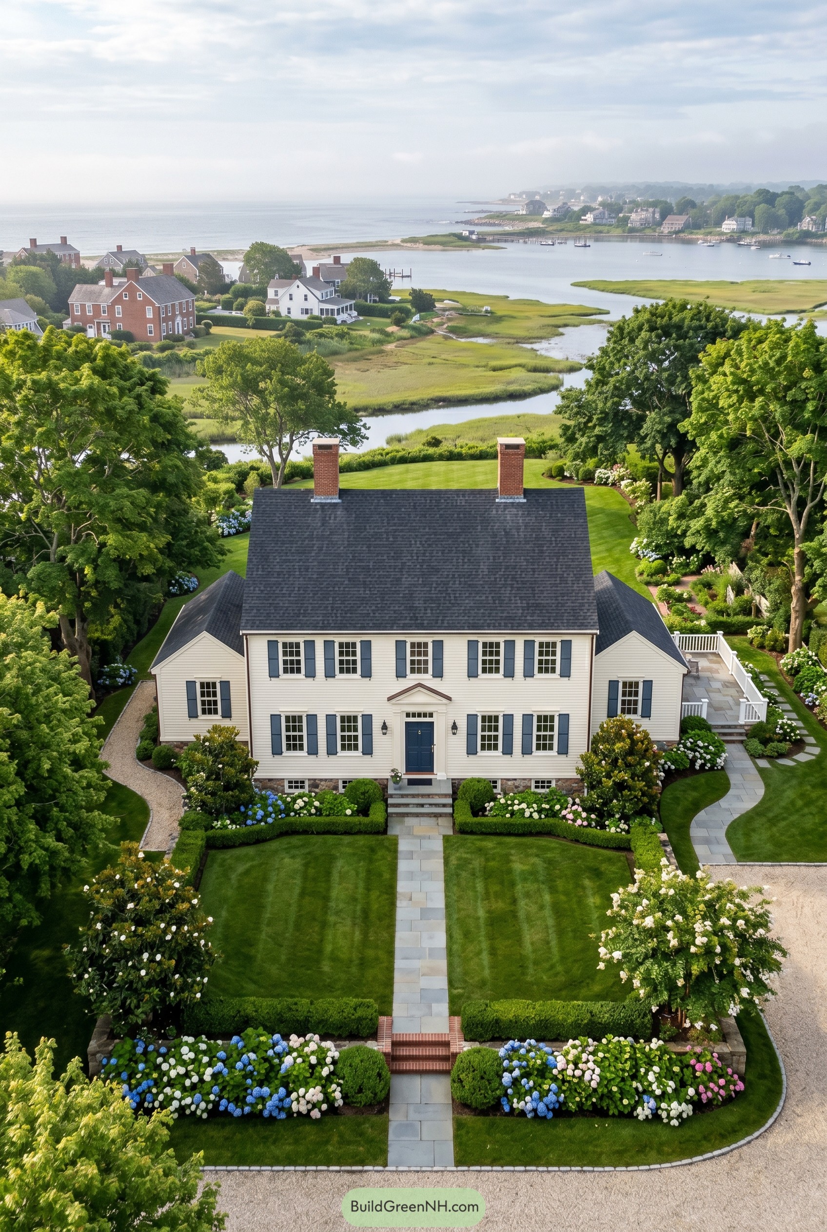 Symmetrical white colonial house by a coastal marsh