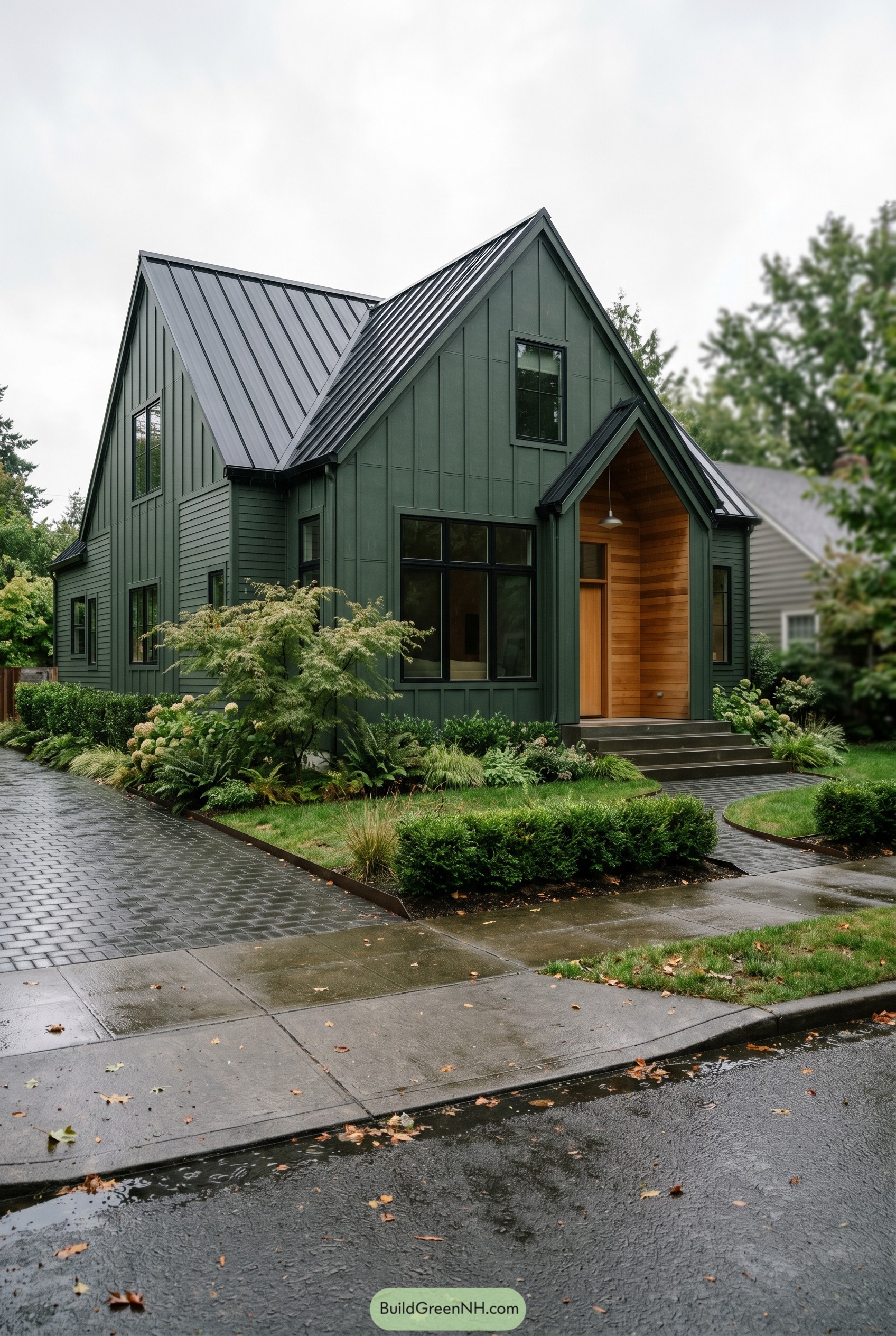 Forest green gabled house with black metal roof