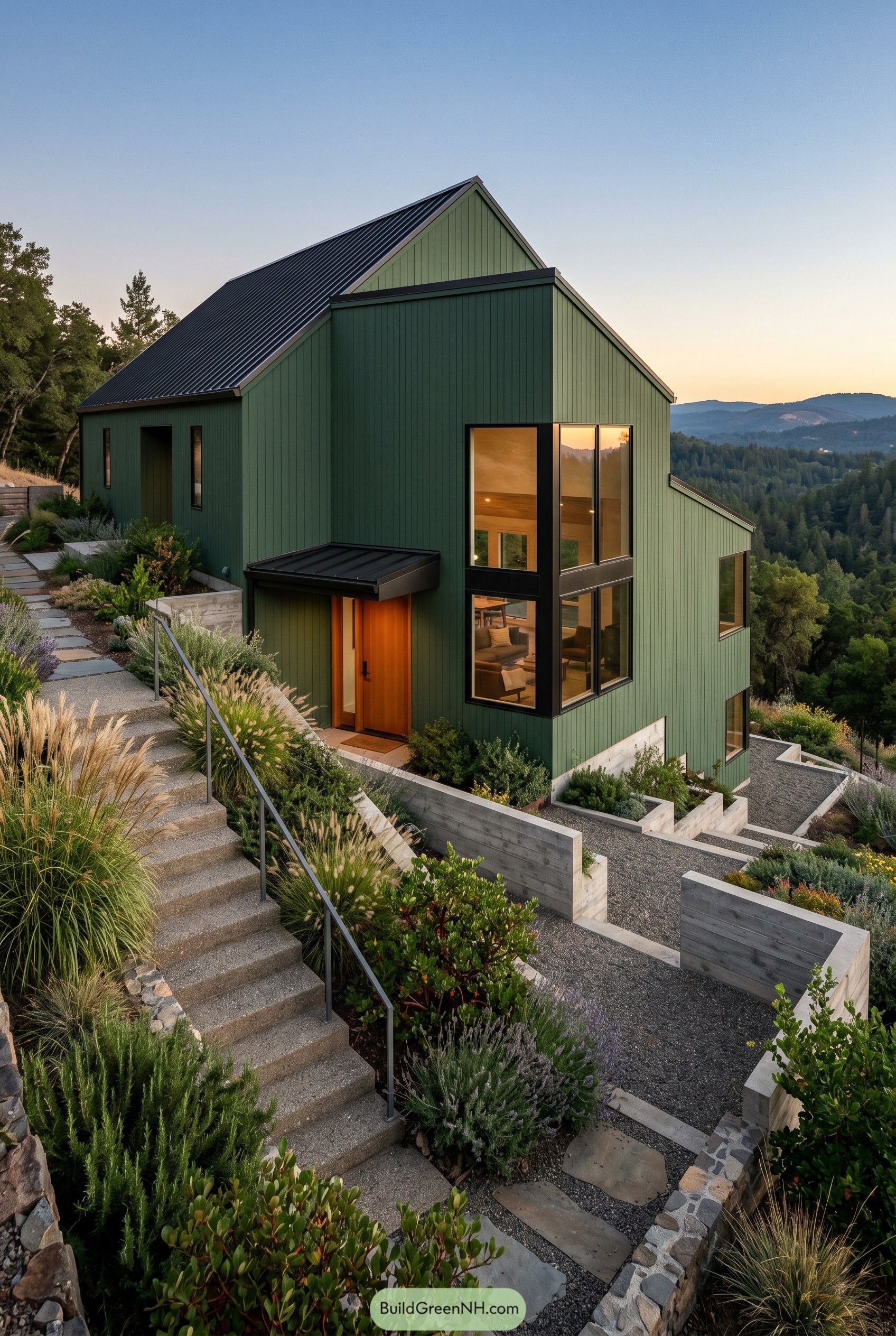 Forest green modern gabled house on a hillside