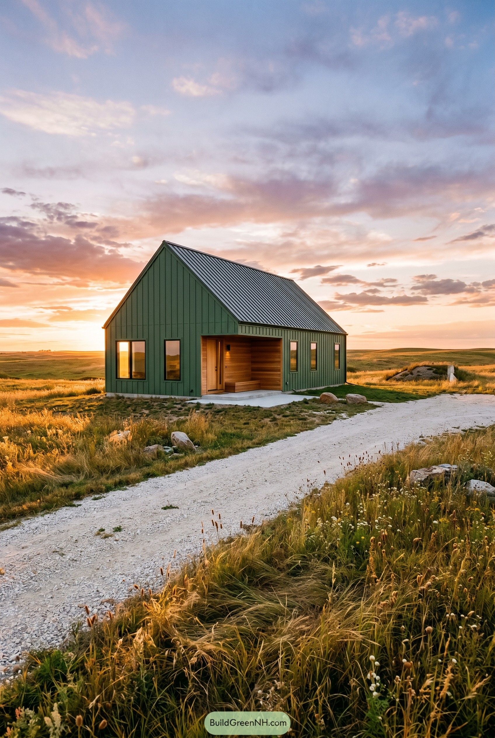 Forest green gabled home on open prairie at sunset