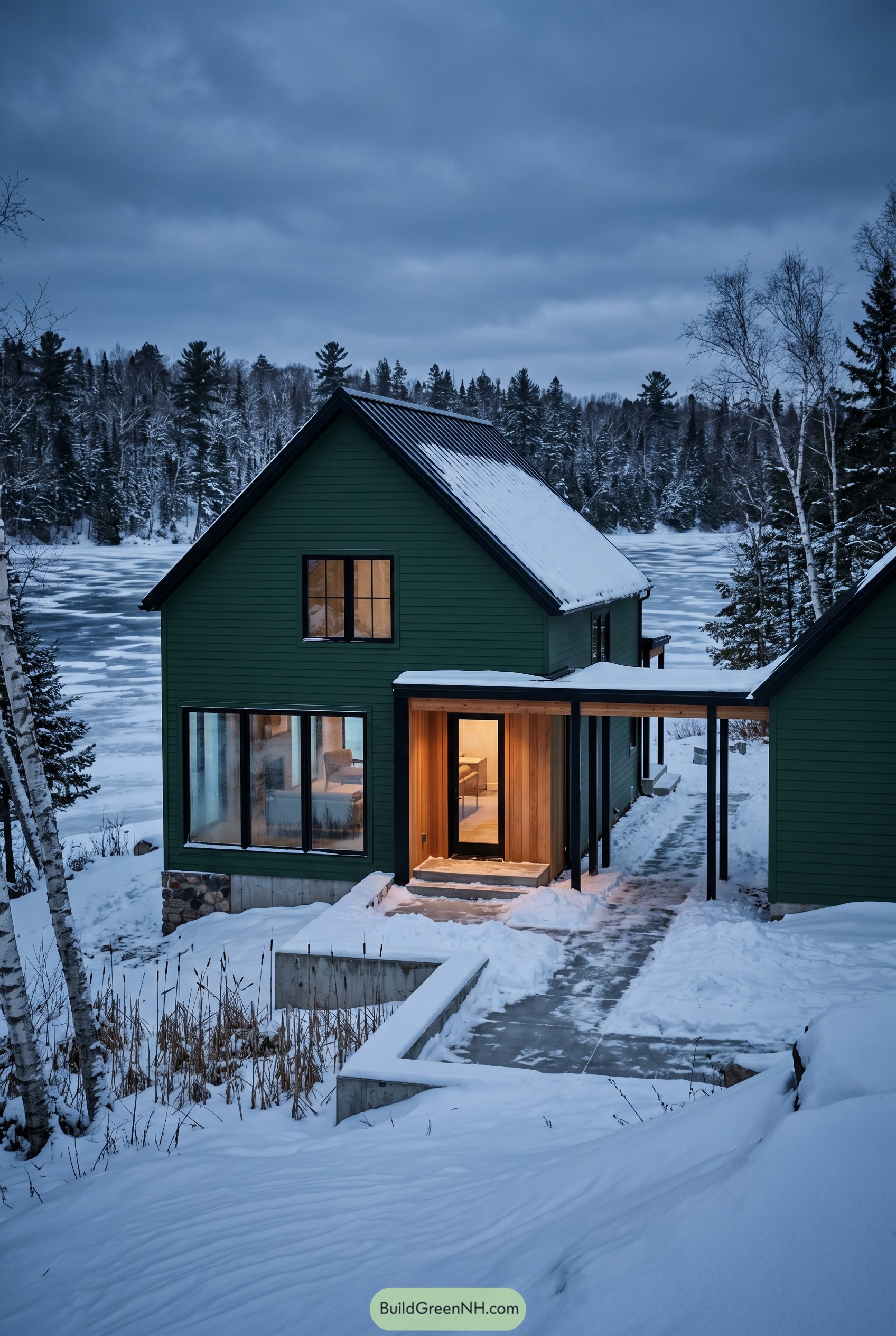 Forest green gabled house beside a frozen lake