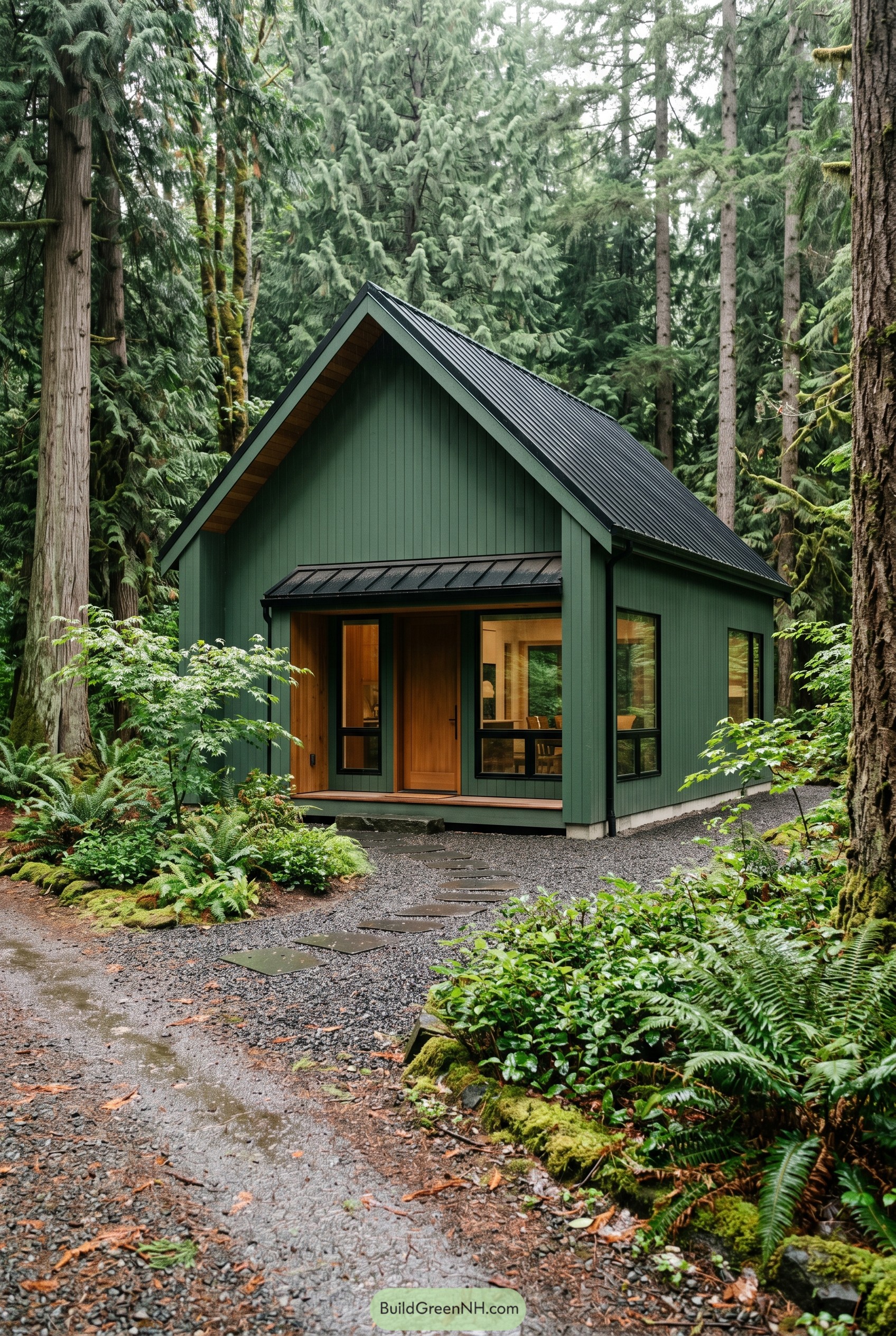 Forest green gabled cabin in dense woods