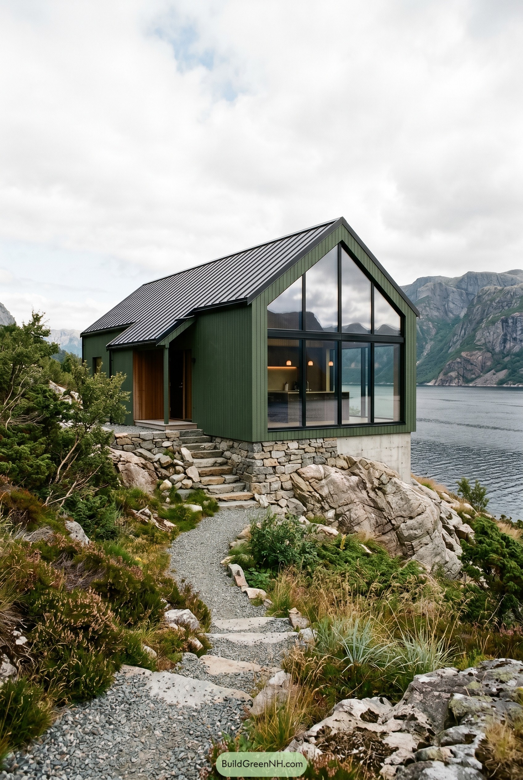 Forest green gabled cabin above a rocky fjord