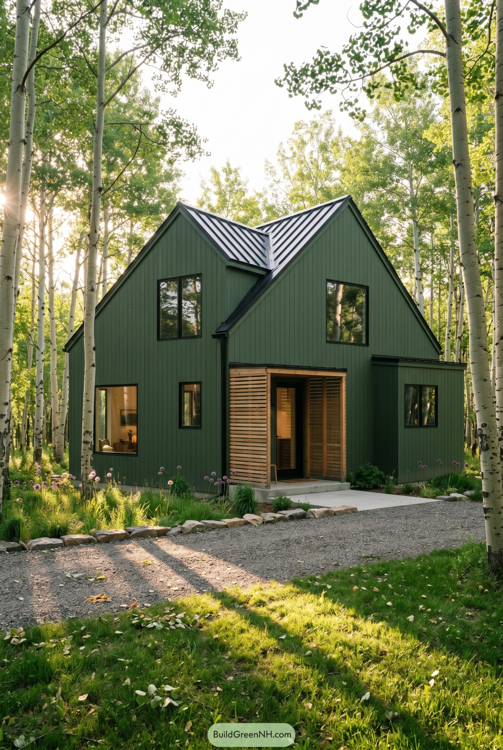Forest green modern house in an aspen grove