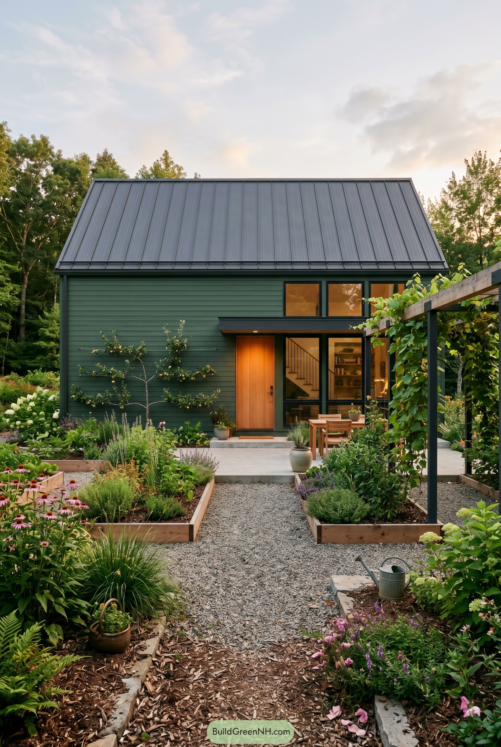 Forest green gabled house with raised garden beds