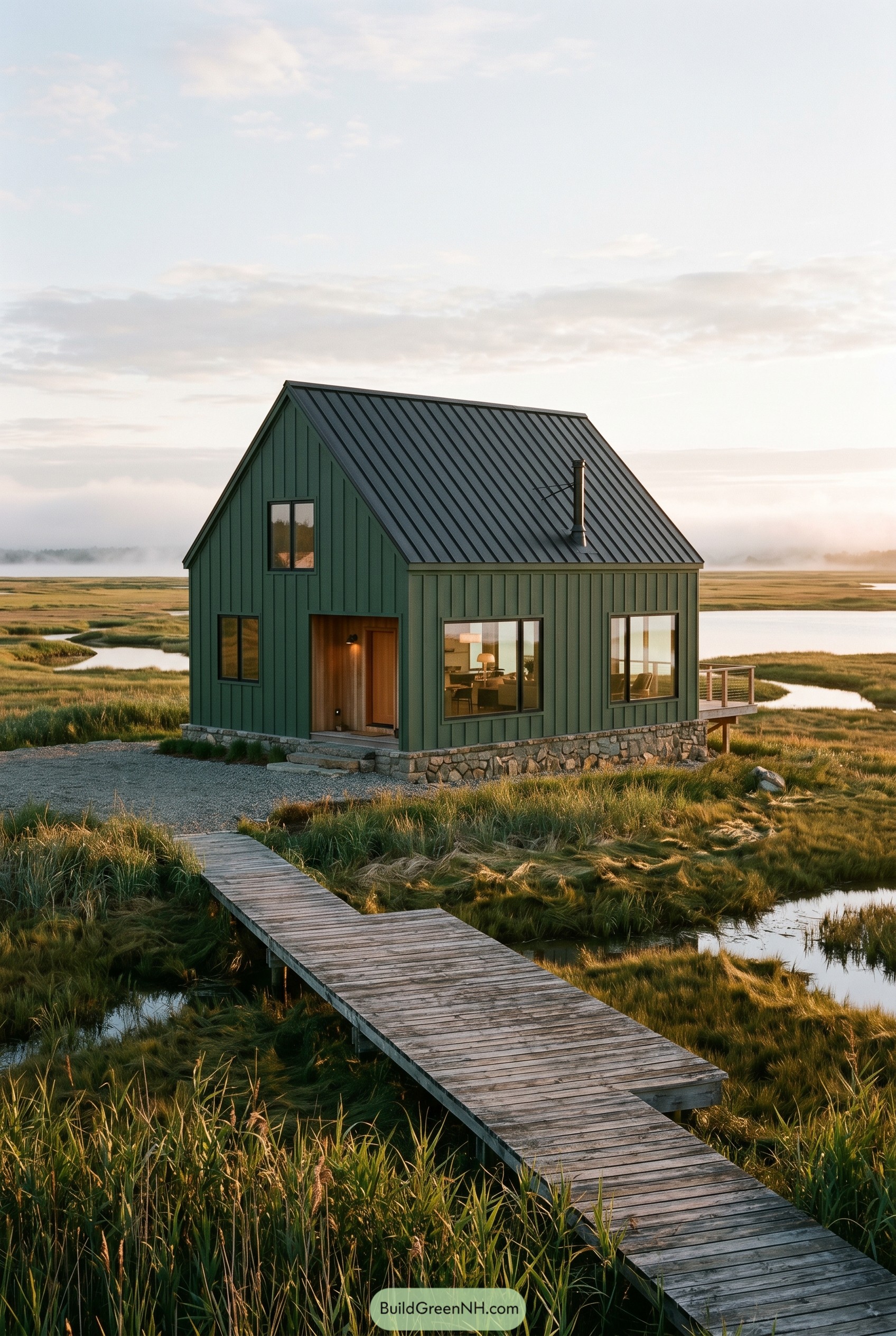 Forest green gabled house in a marsh