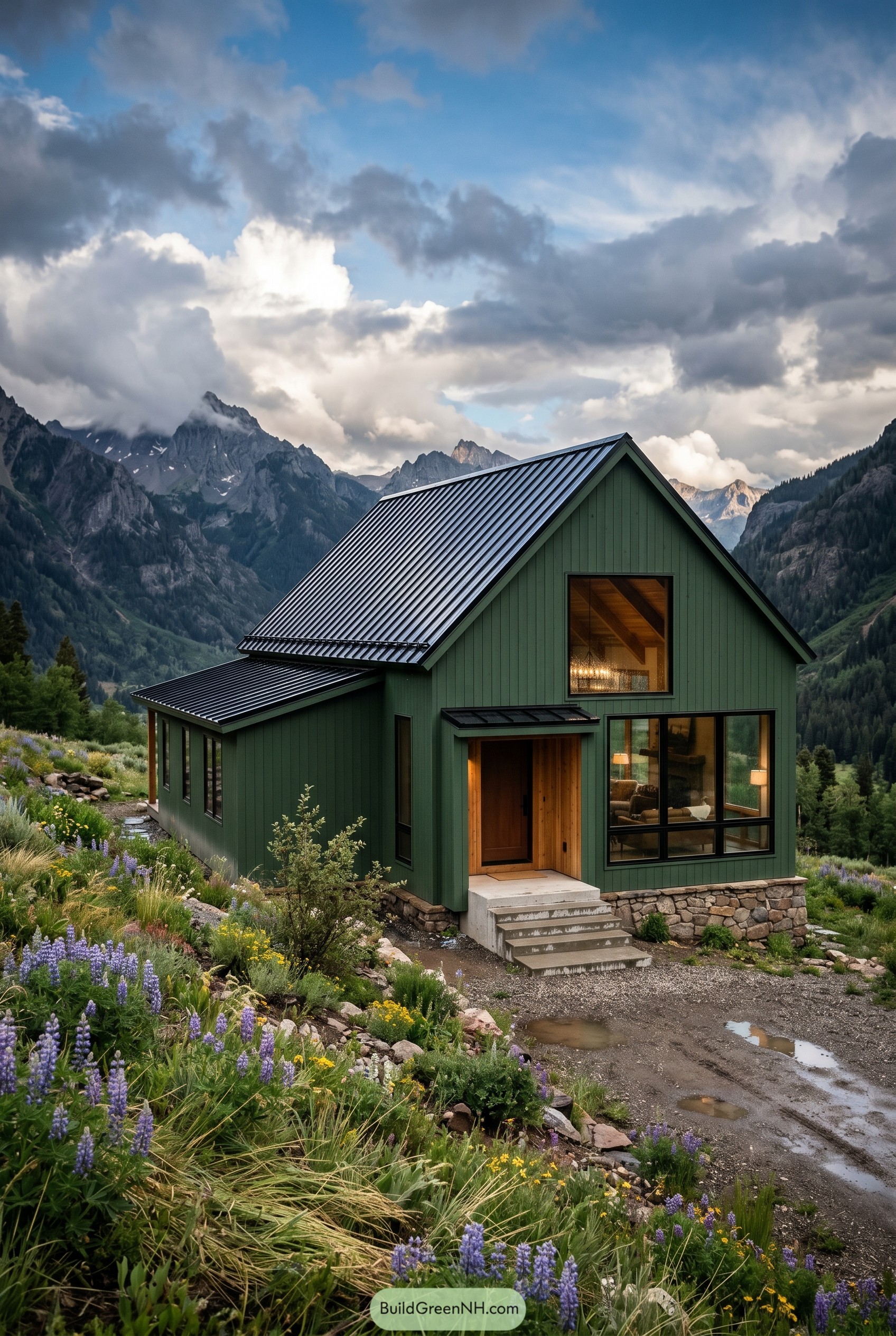 Forest green modern gabled house in an alpine meadow