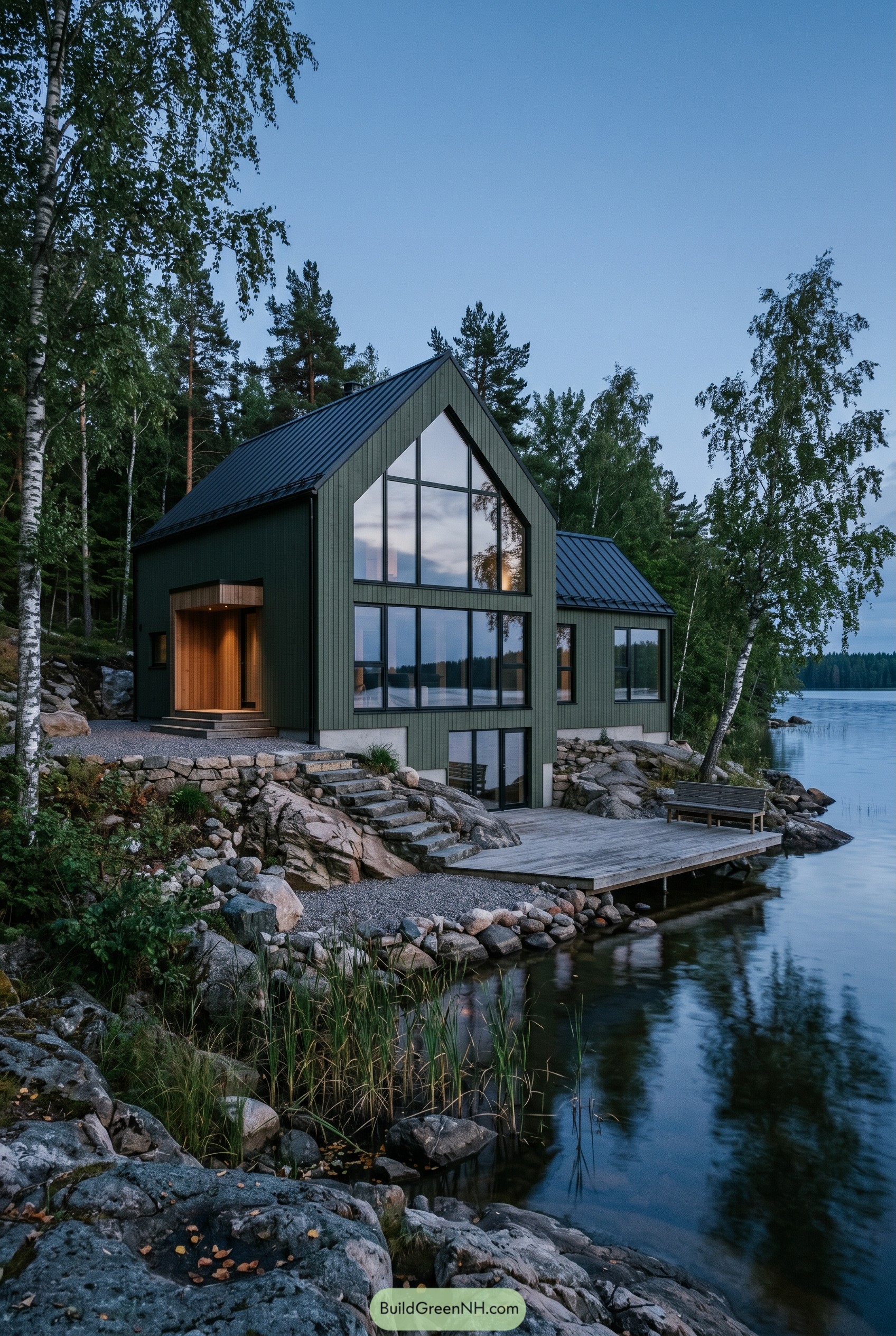 Forest green gabled house on rocky lakeshore