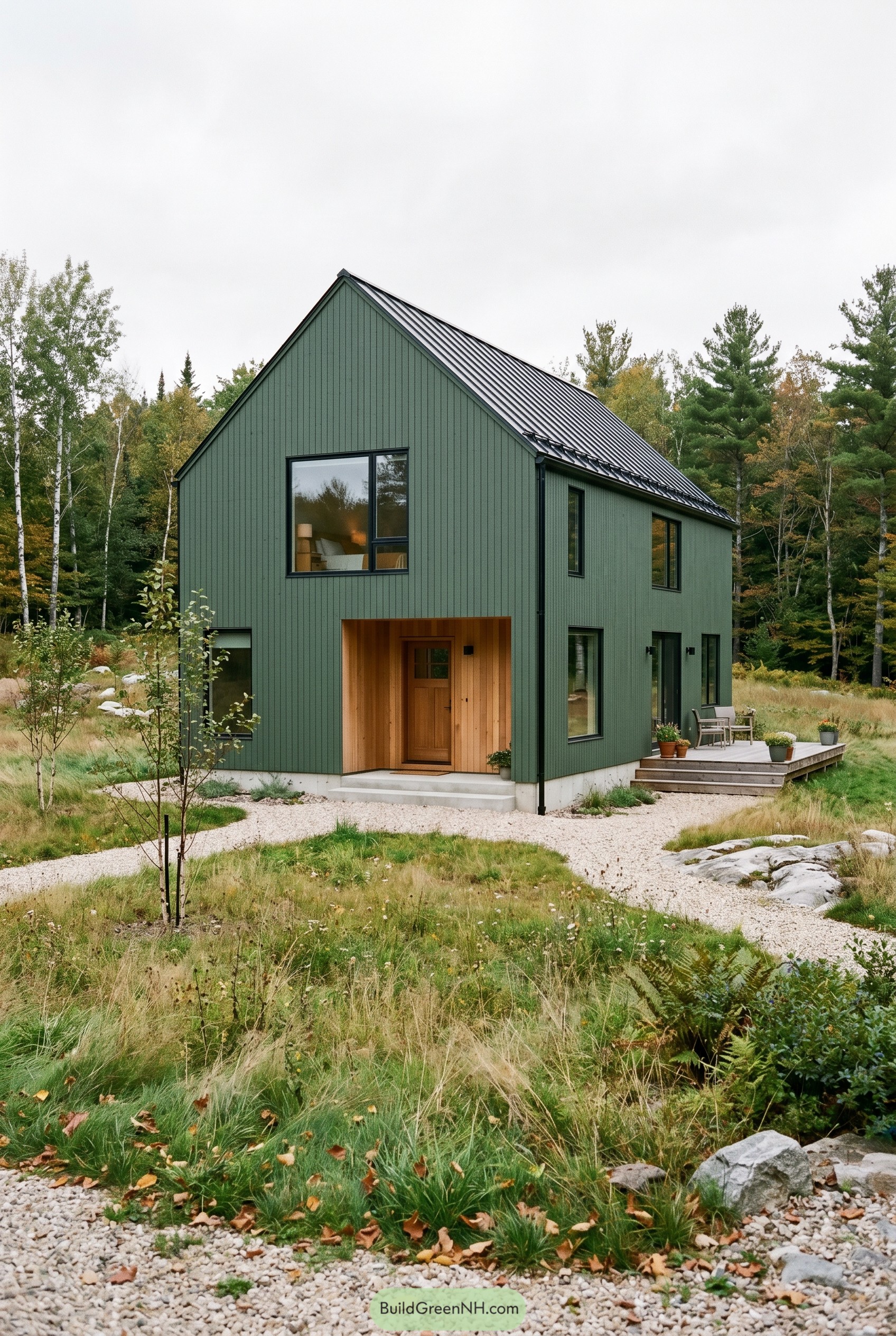 Forest green gabled house with wood entry