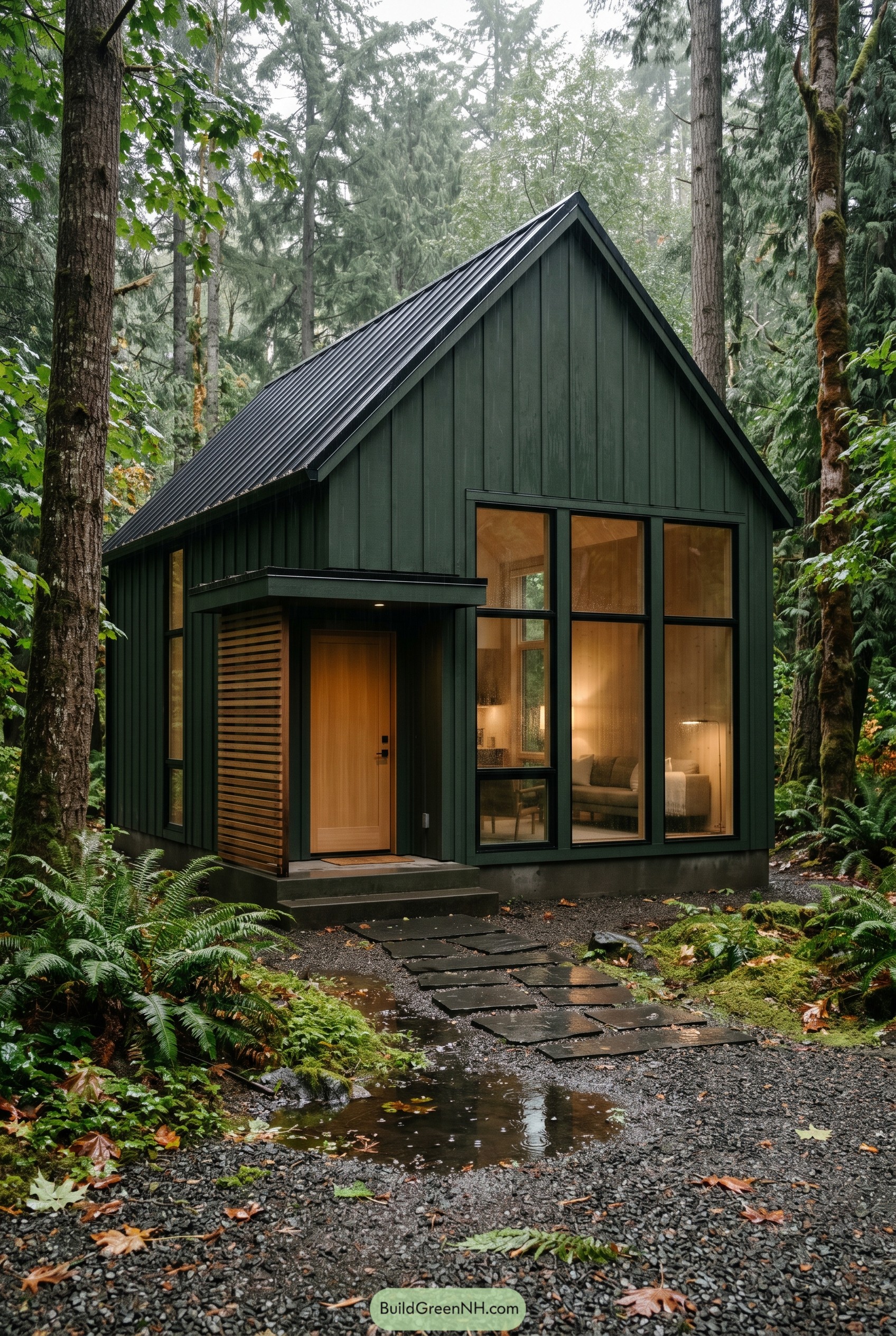 Forest green gabled cabin with tall windows