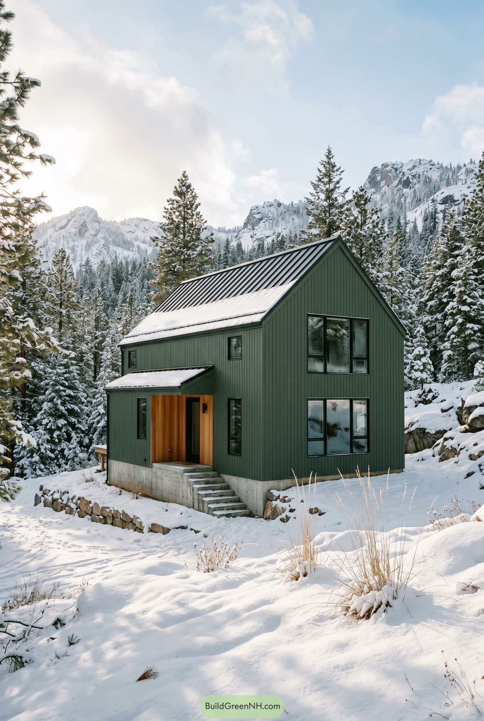 Modern forest green gabled home in snowy mountains