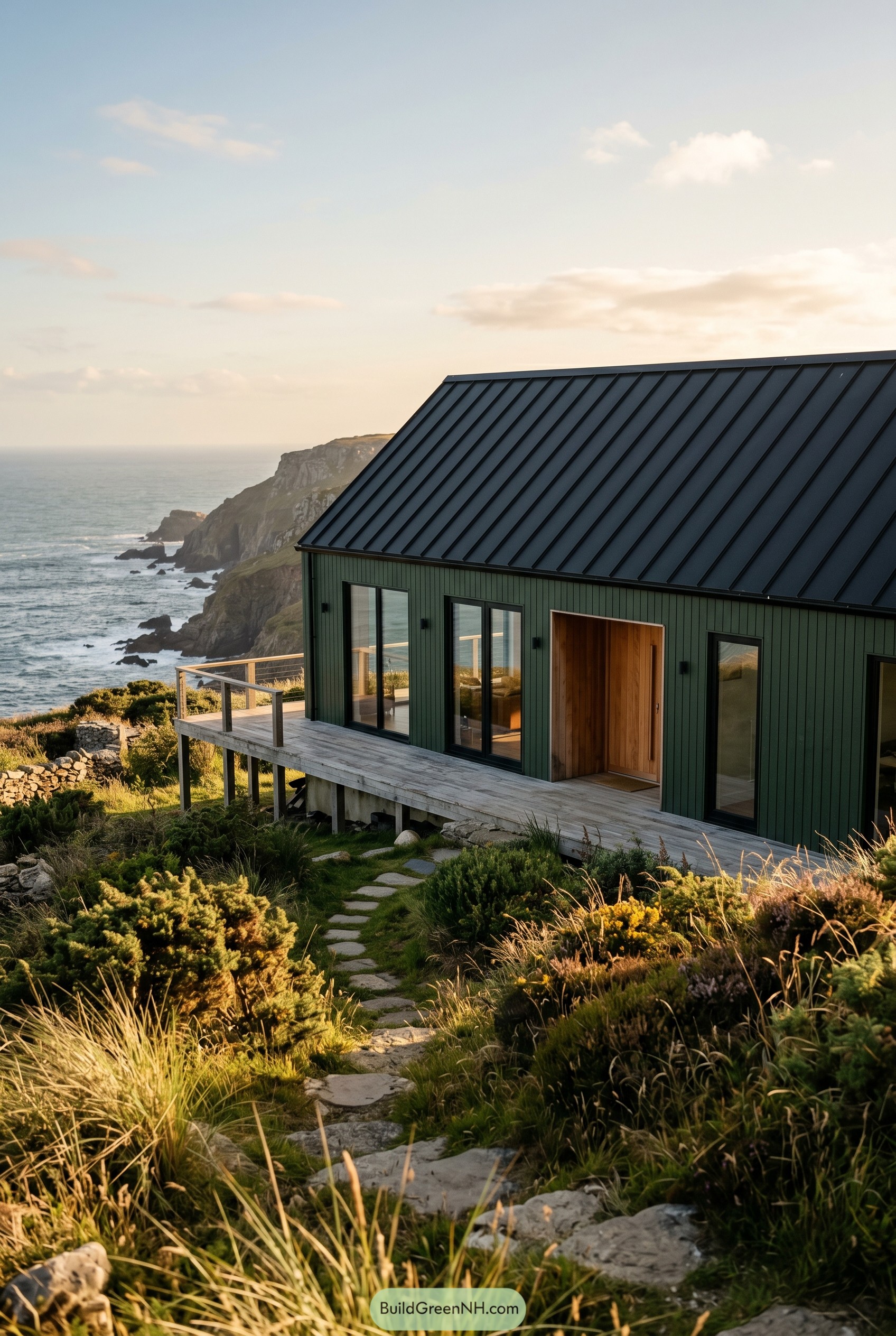 Forest green gabled house on a coastal cliff