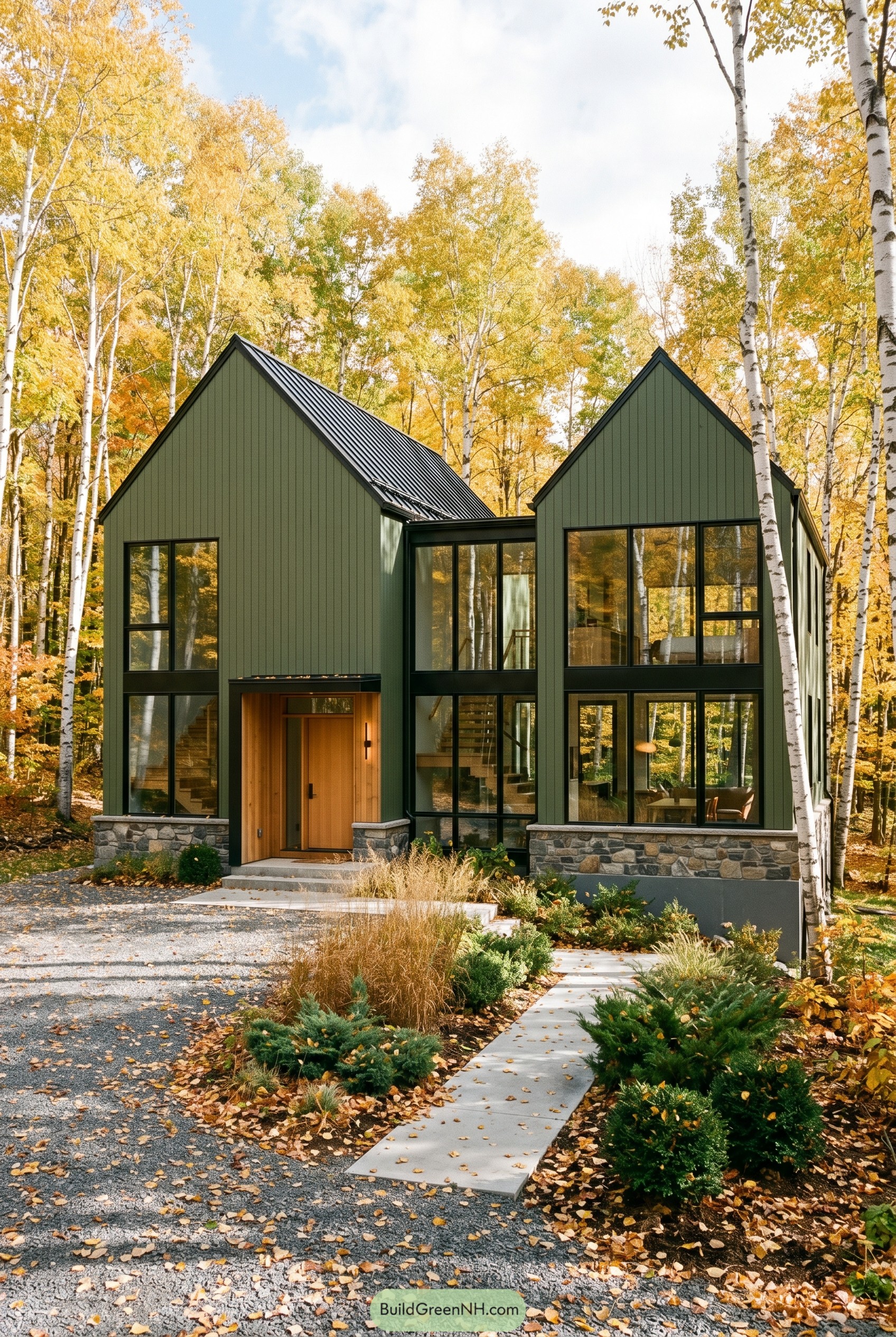 Forest green twin gabled house in birch woods