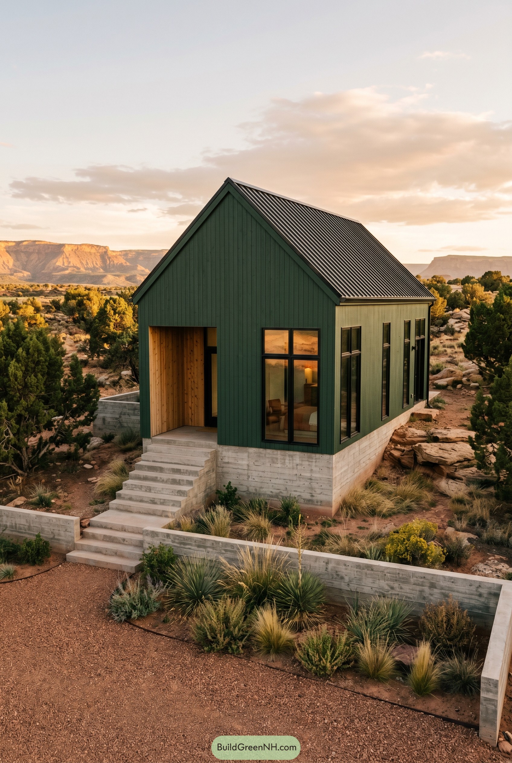 Forest green gabled house on a concrete base in the desert