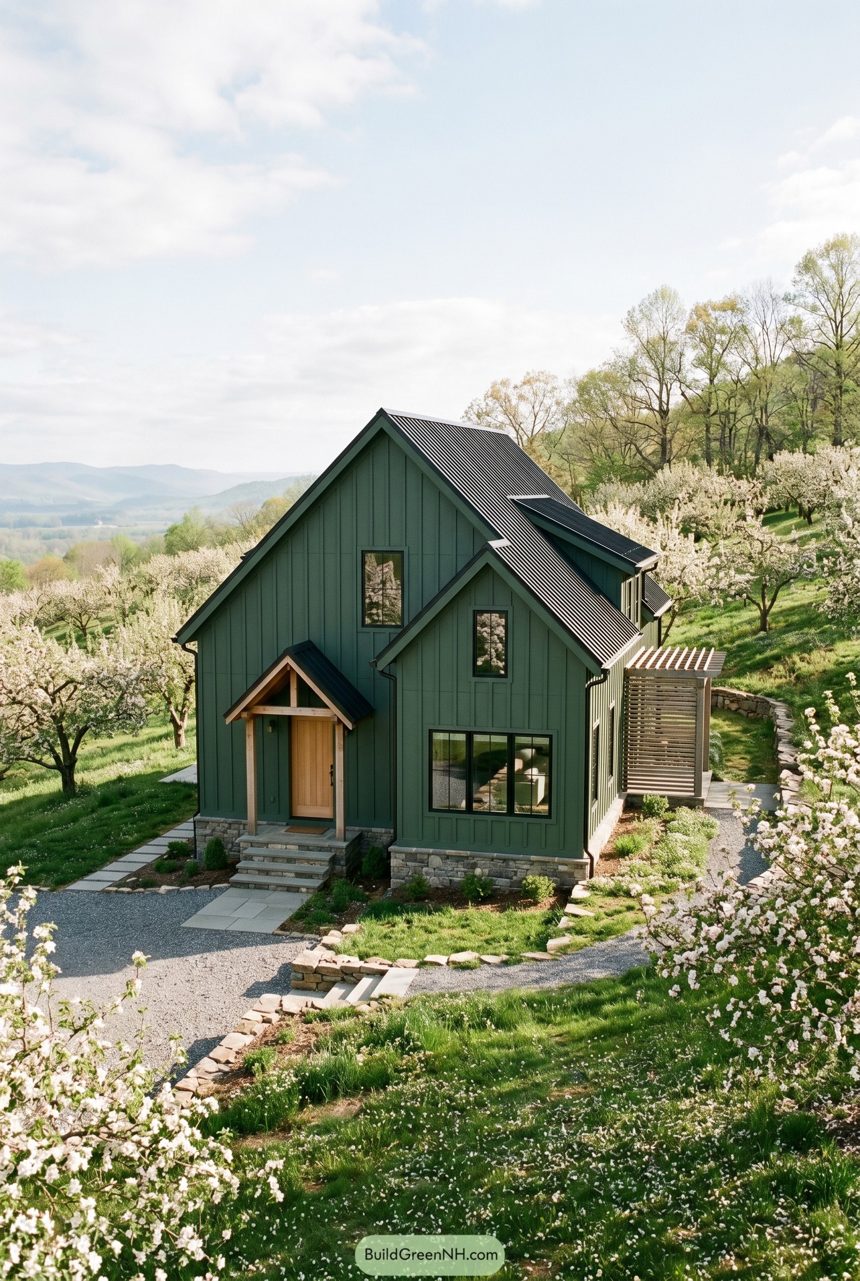 Forest green gabled house in blooming orchard