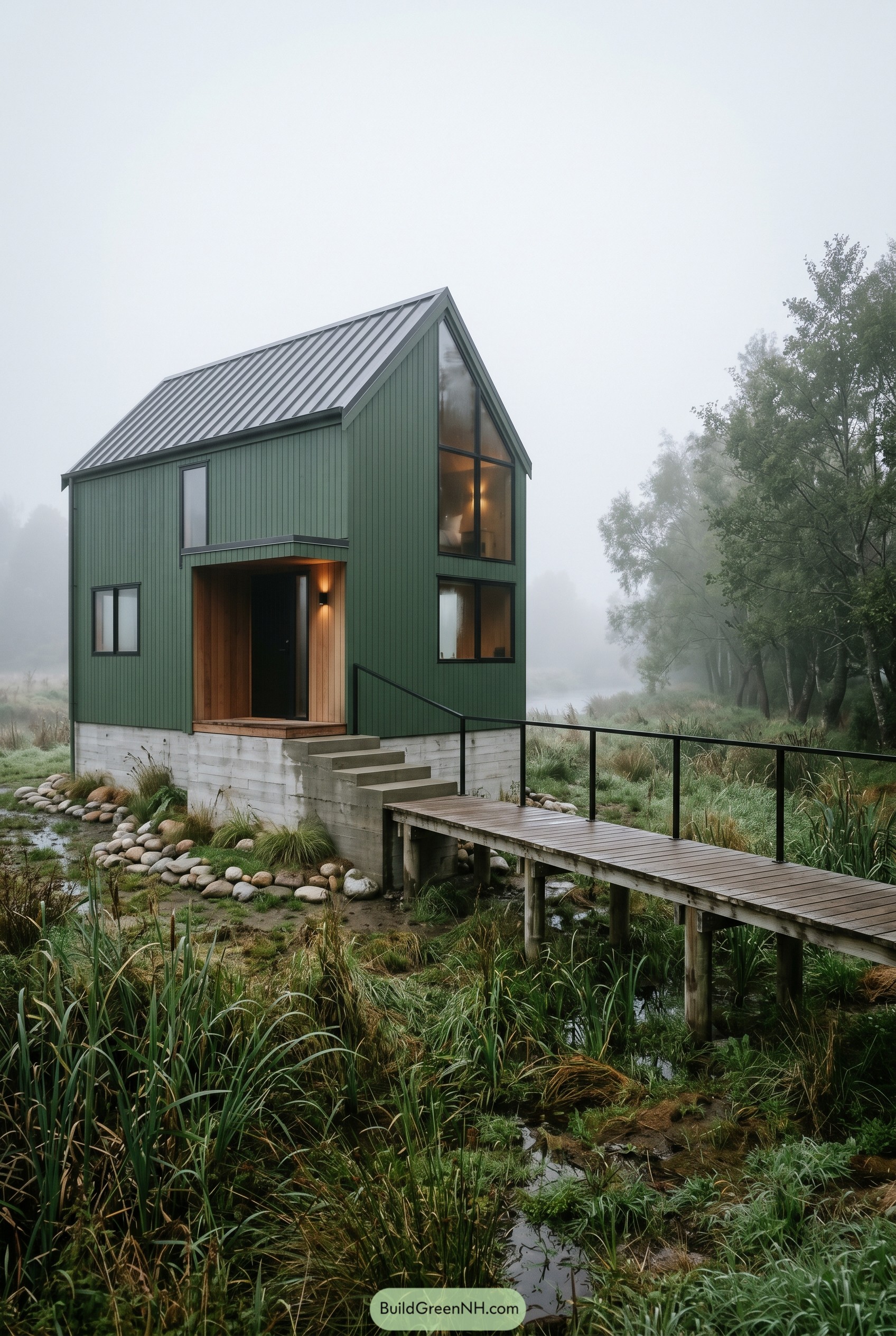 Forest green gabled house on a wetland boardwalk