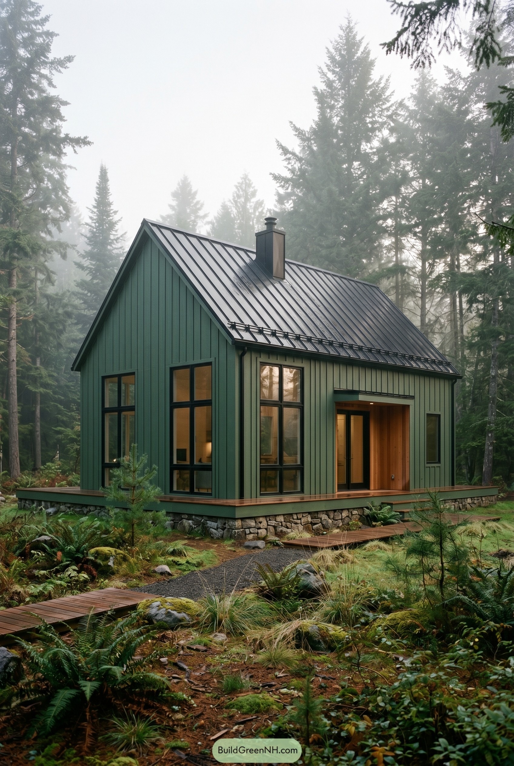 Forest green modern gabled house in misty woods