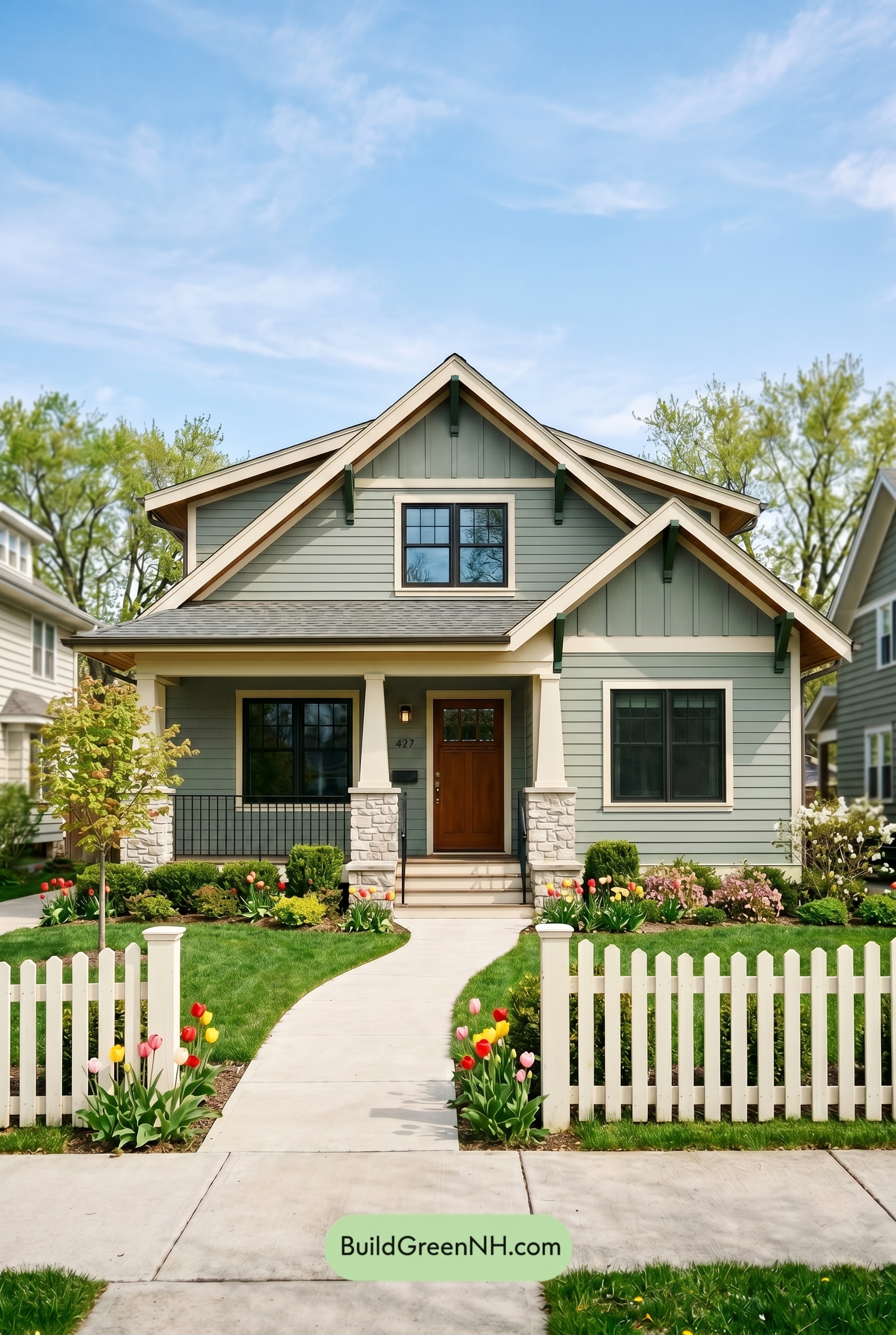 Green Craftsman House Exterior Color Scheme: Fresh Green Porch Revival