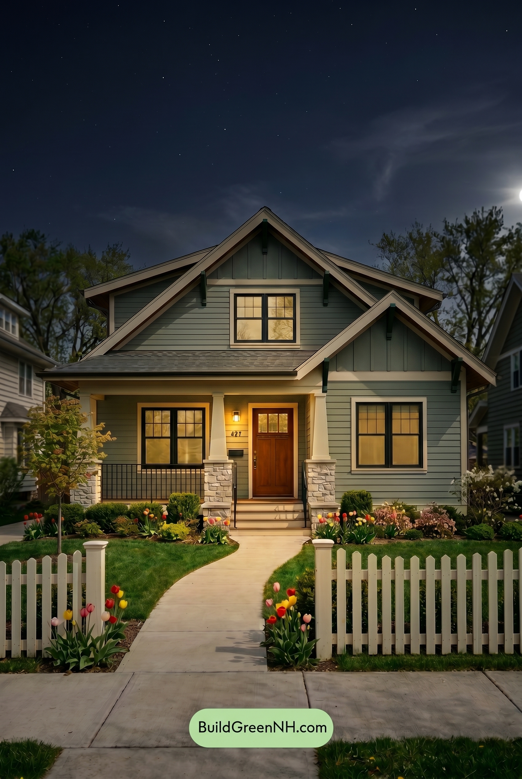 Green Craftsman House Exterior Color Scheme: Fresh Green Porch Revival - Nighttime