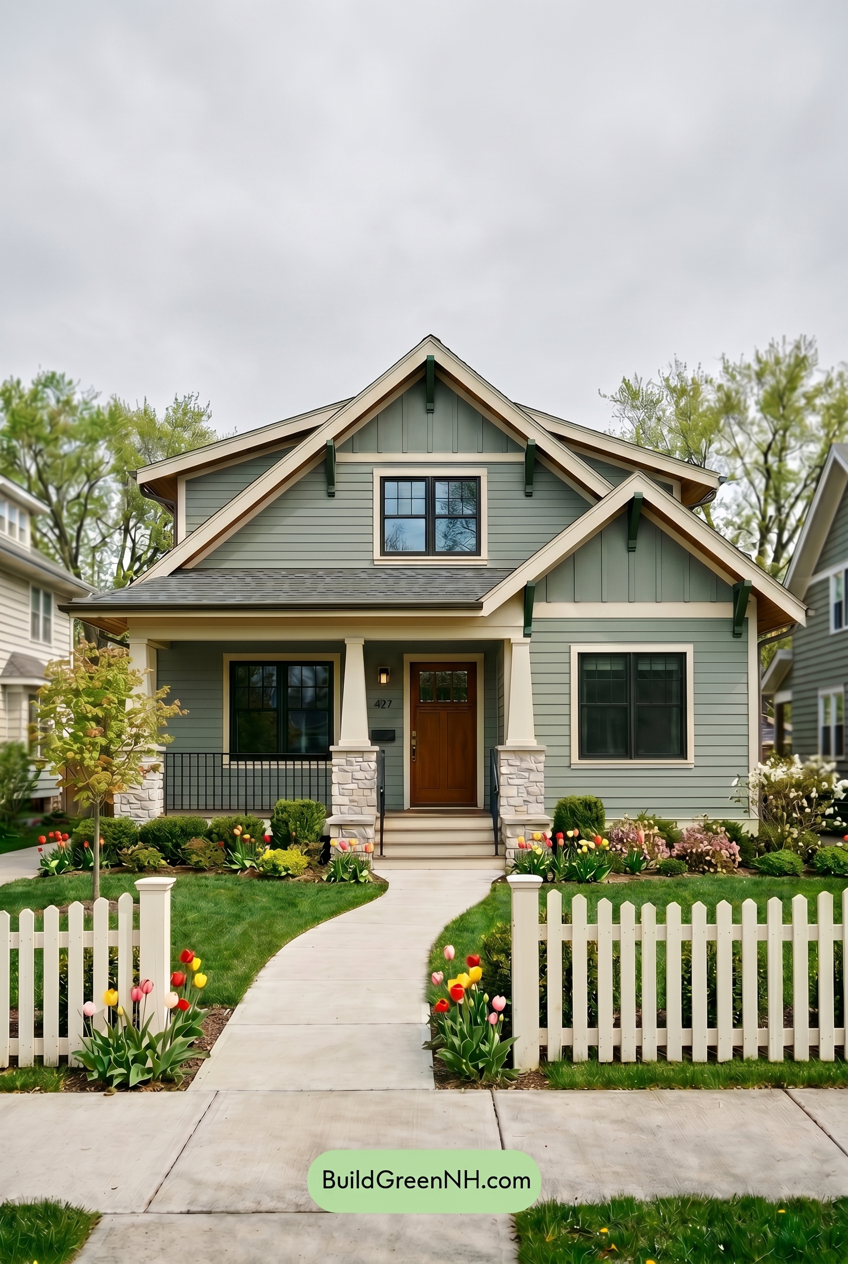 Green Craftsman House Exterior Color Scheme: Fresh Green Porch Revival - Overcast