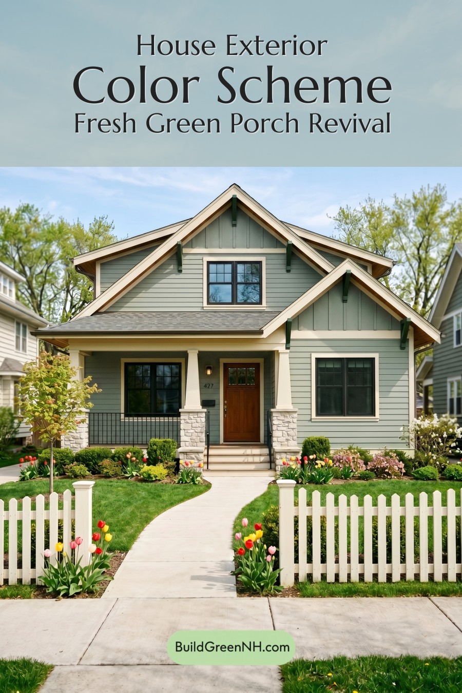 Green Craftsman House Exterior Color Scheme: Fresh Green Porch Revival