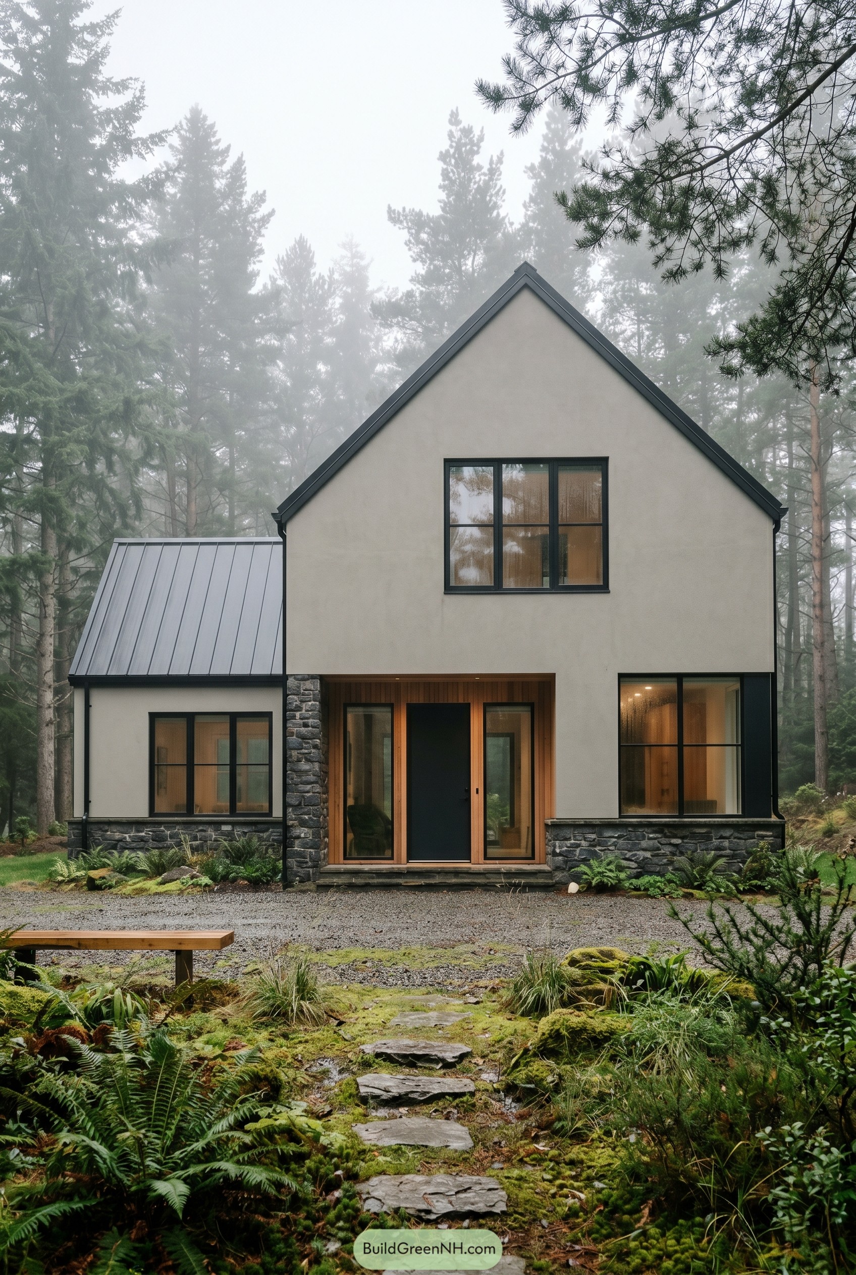 Modern greige gabled house in misty pines