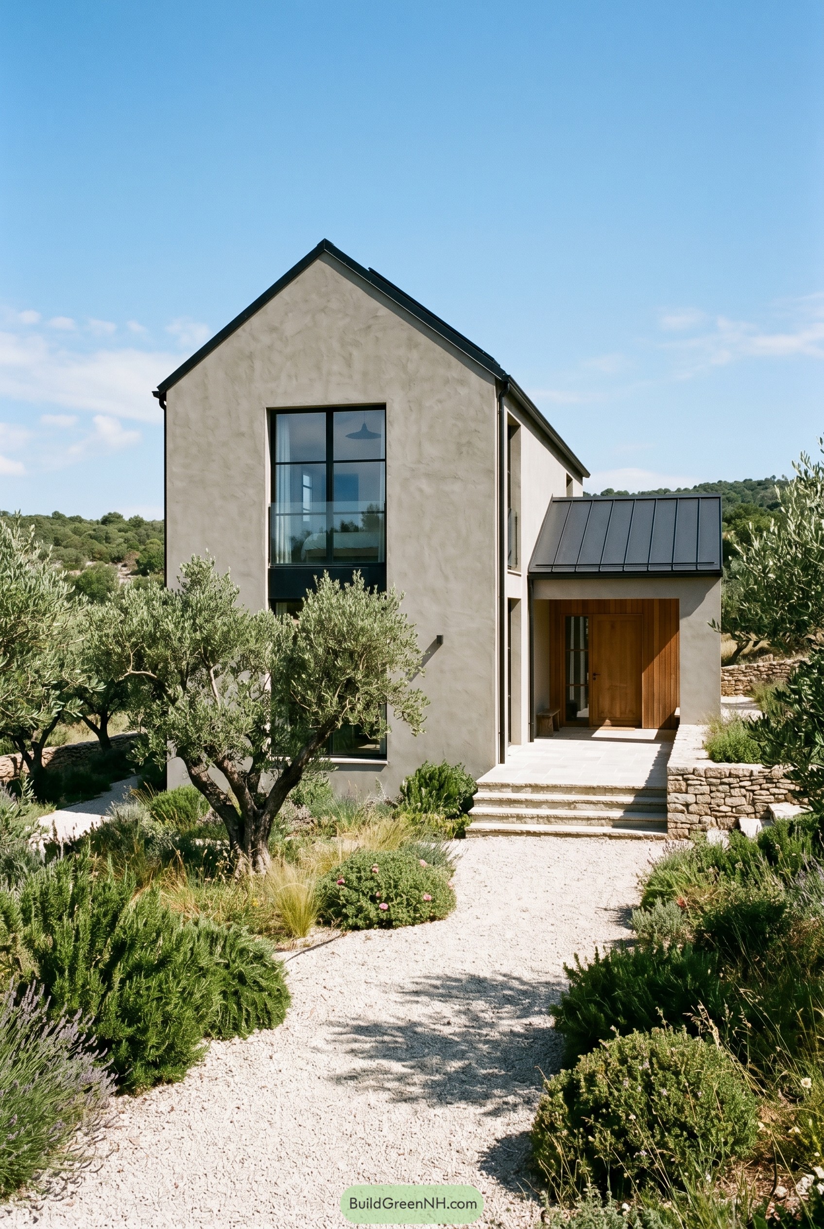 Greige modern gabled house with olive trees