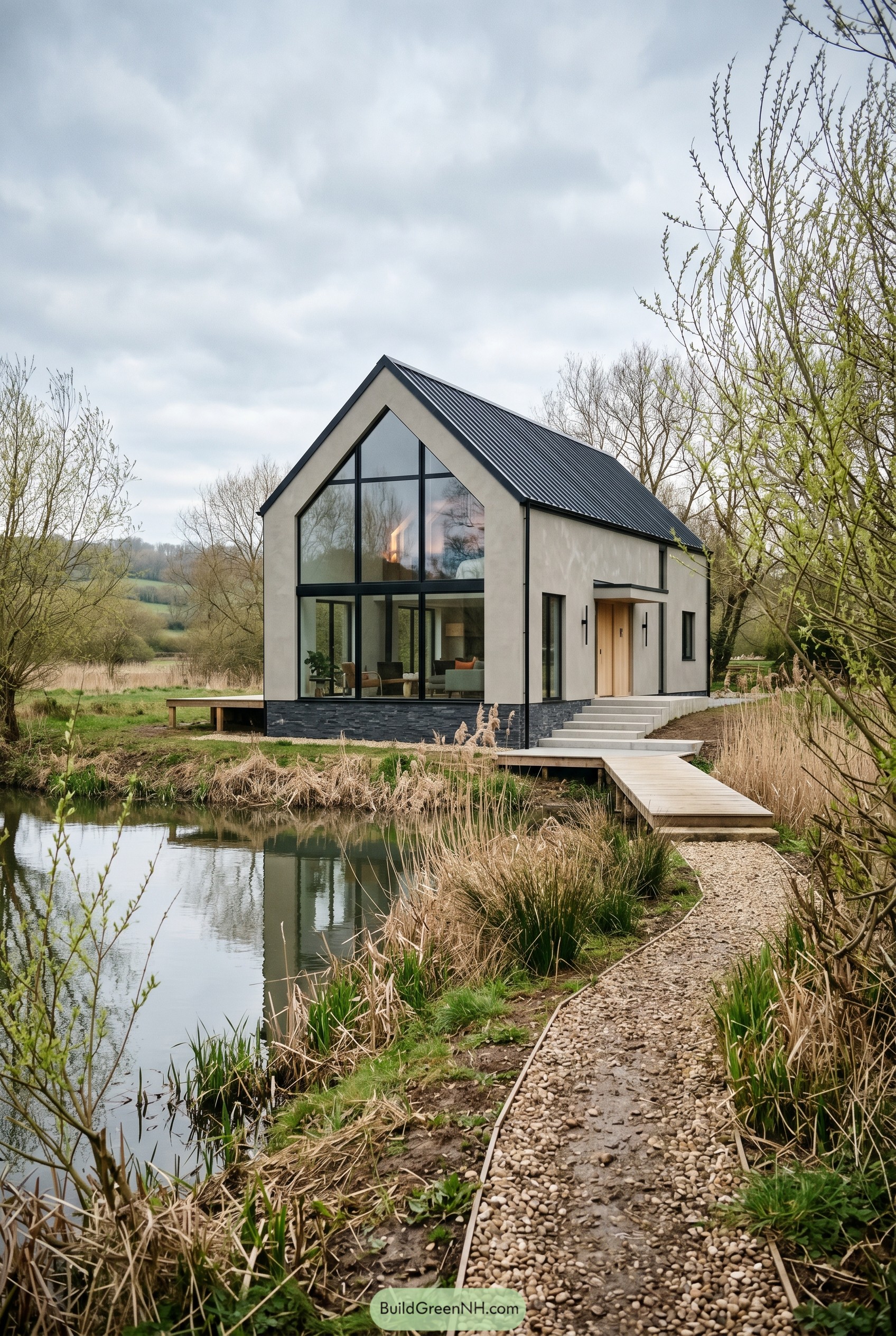 Greige modern gabled house beside a pond