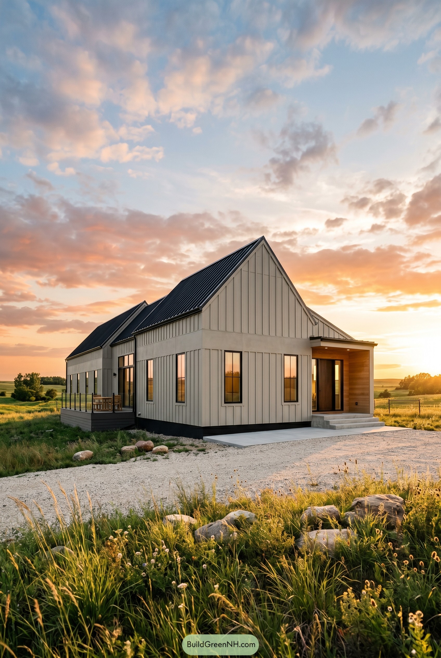 Modern greige gabled house in a grassy field