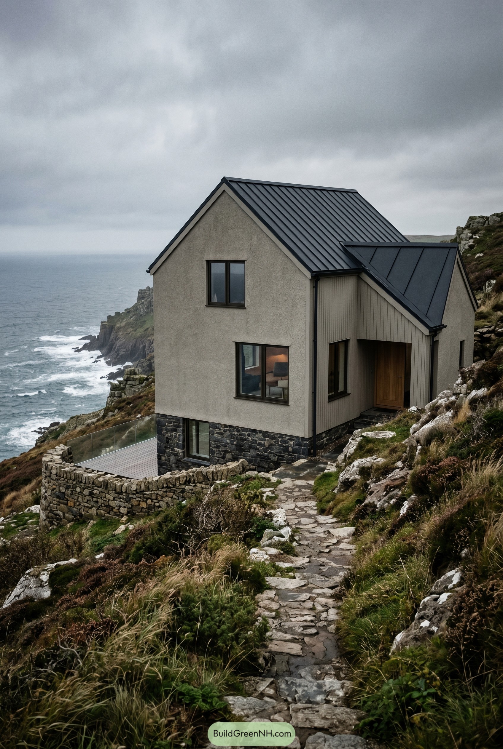 Greige gabled house on a rocky sea cliff