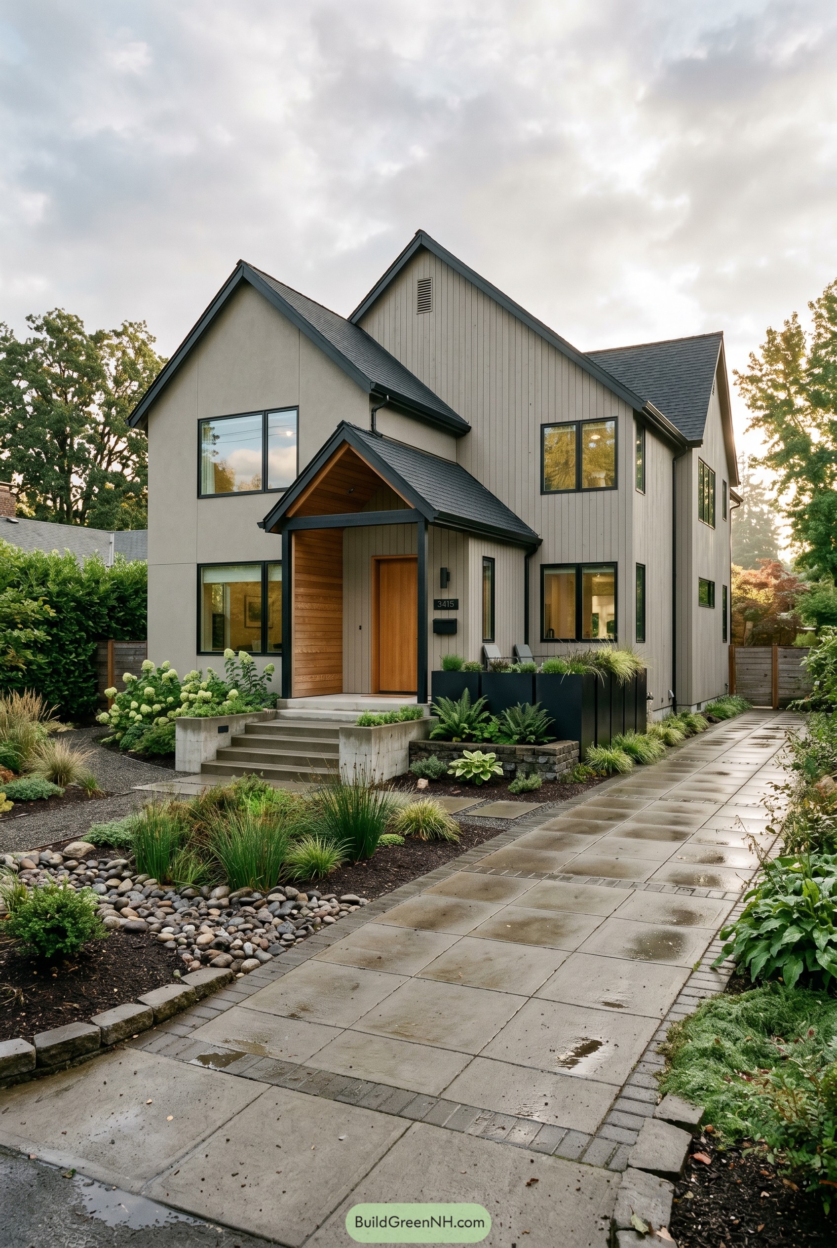 Greige modern gabled house with black trim and warm wood entry