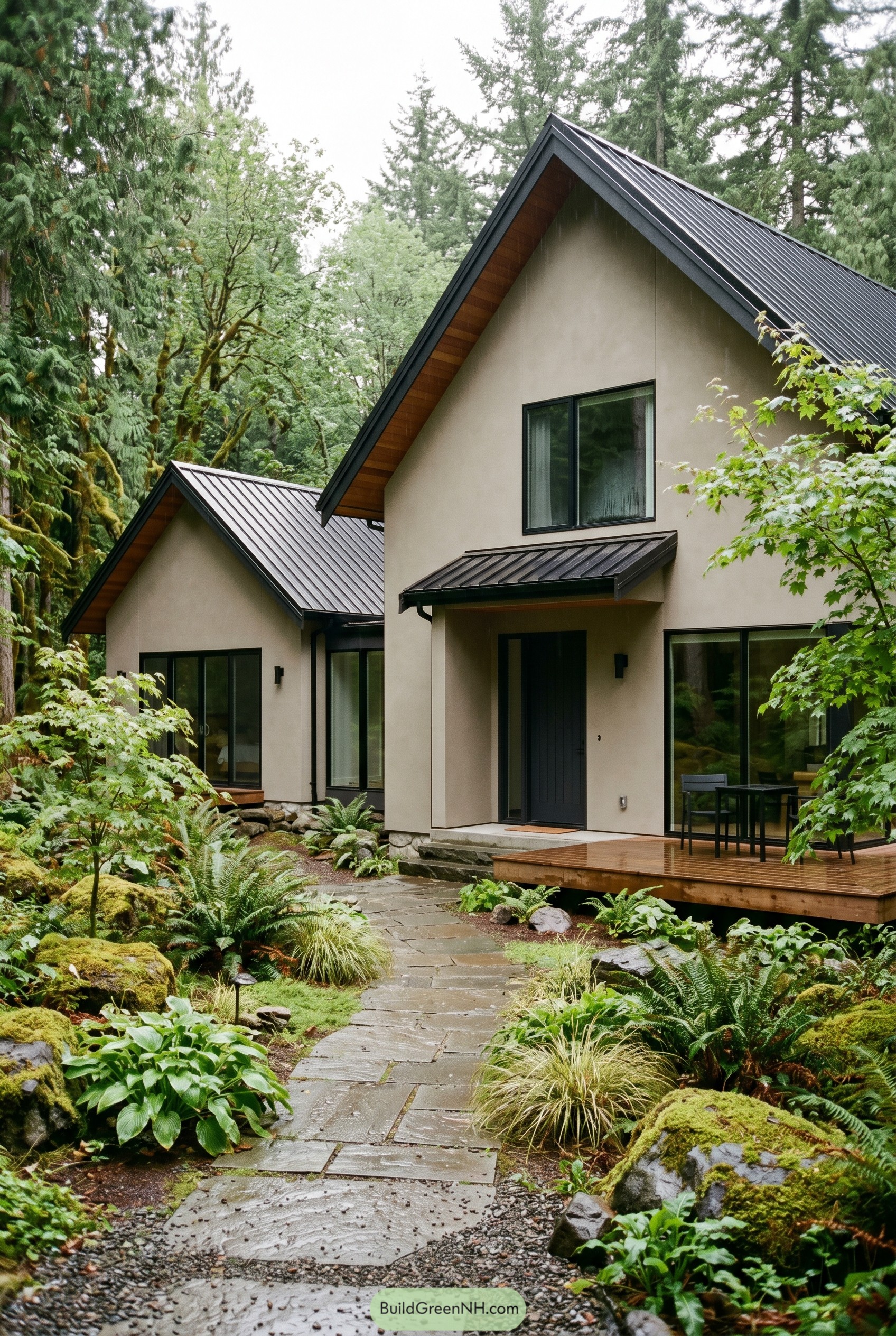 Greige modern gabled house in lush forest