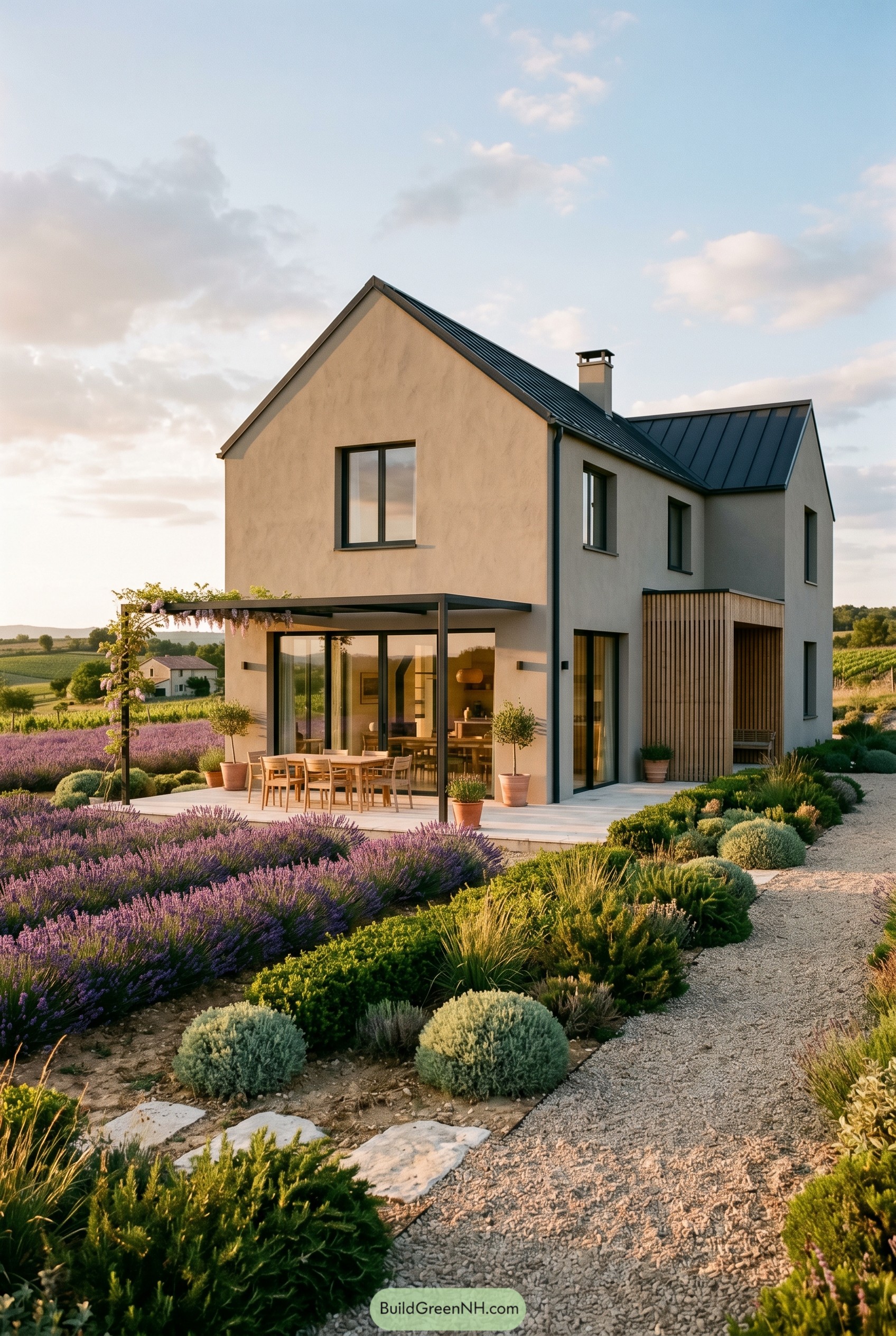 Greige gabled house with lavender garden patio