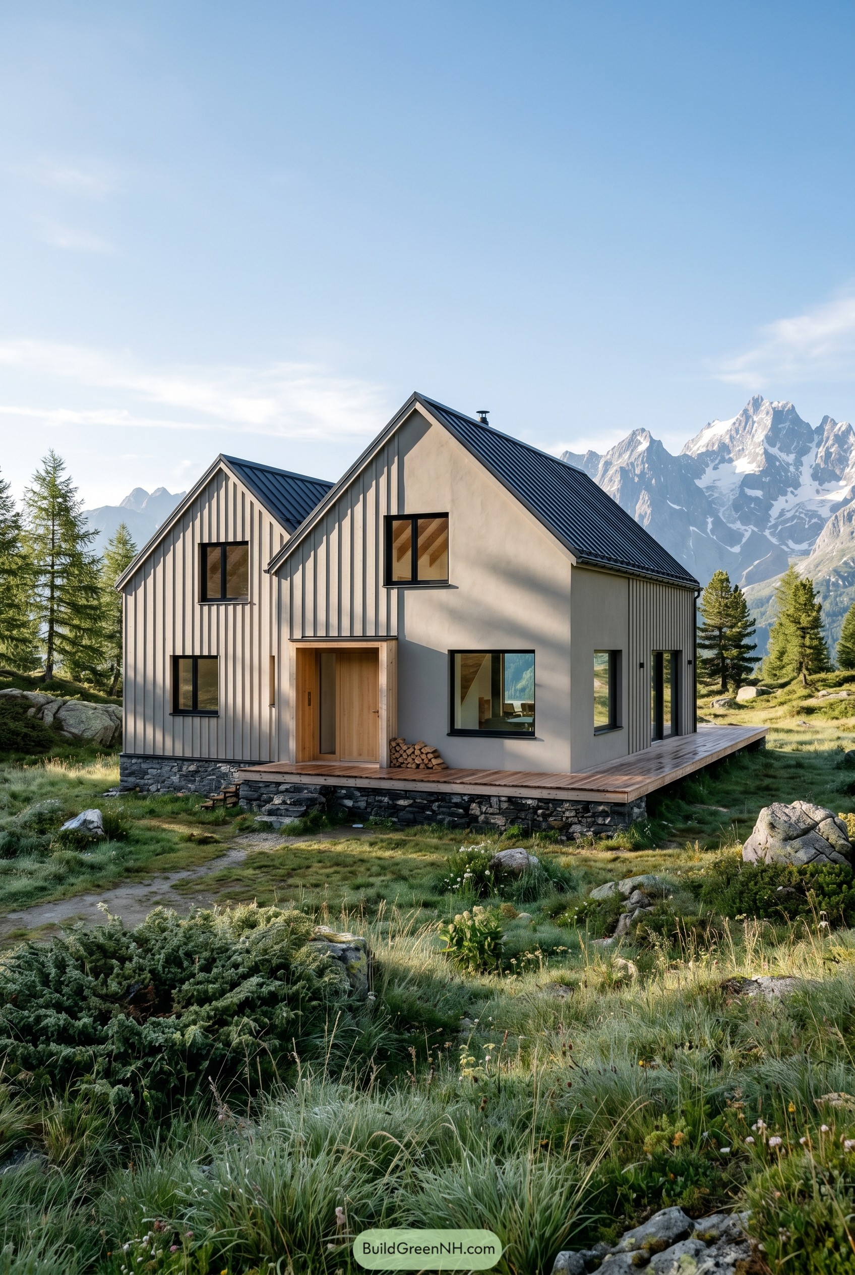 Greige twin gabled house in an alpine meadow