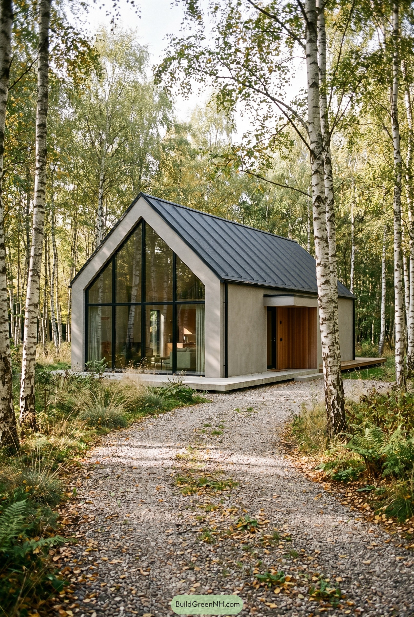 Greige gabled house in birch forest