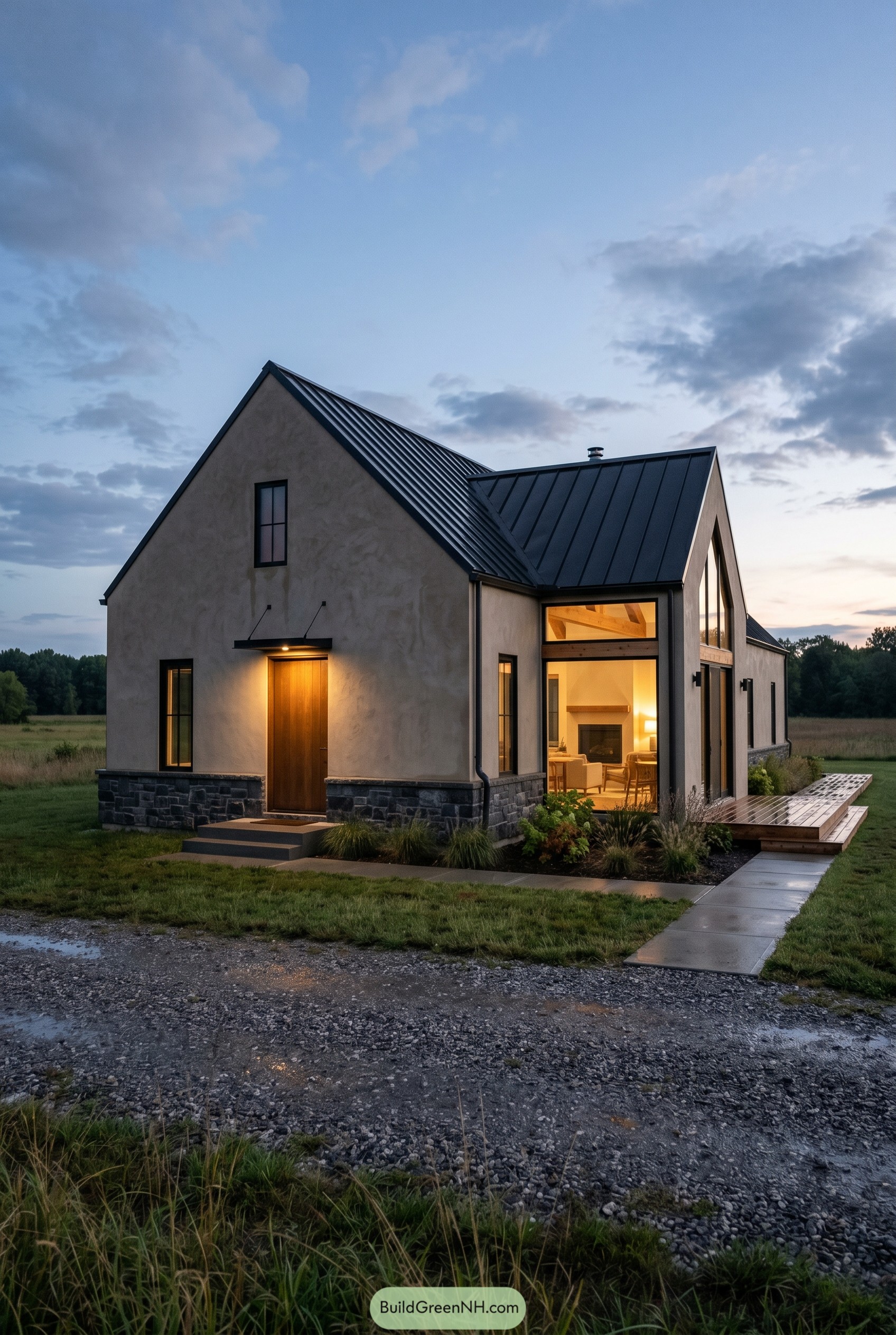 Greige gabled house with black metal roof