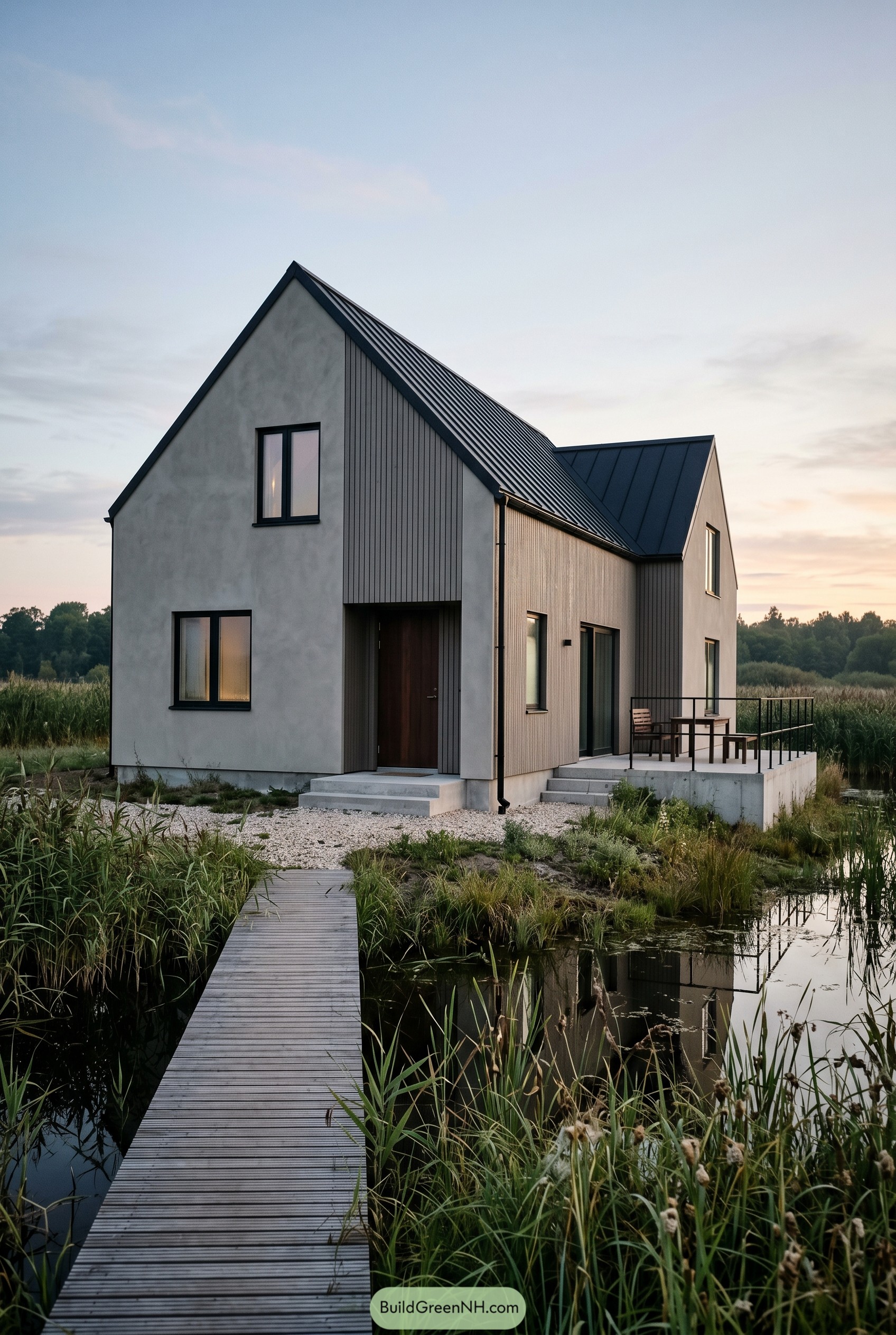 Greige gabled house beside a reed-lined pond