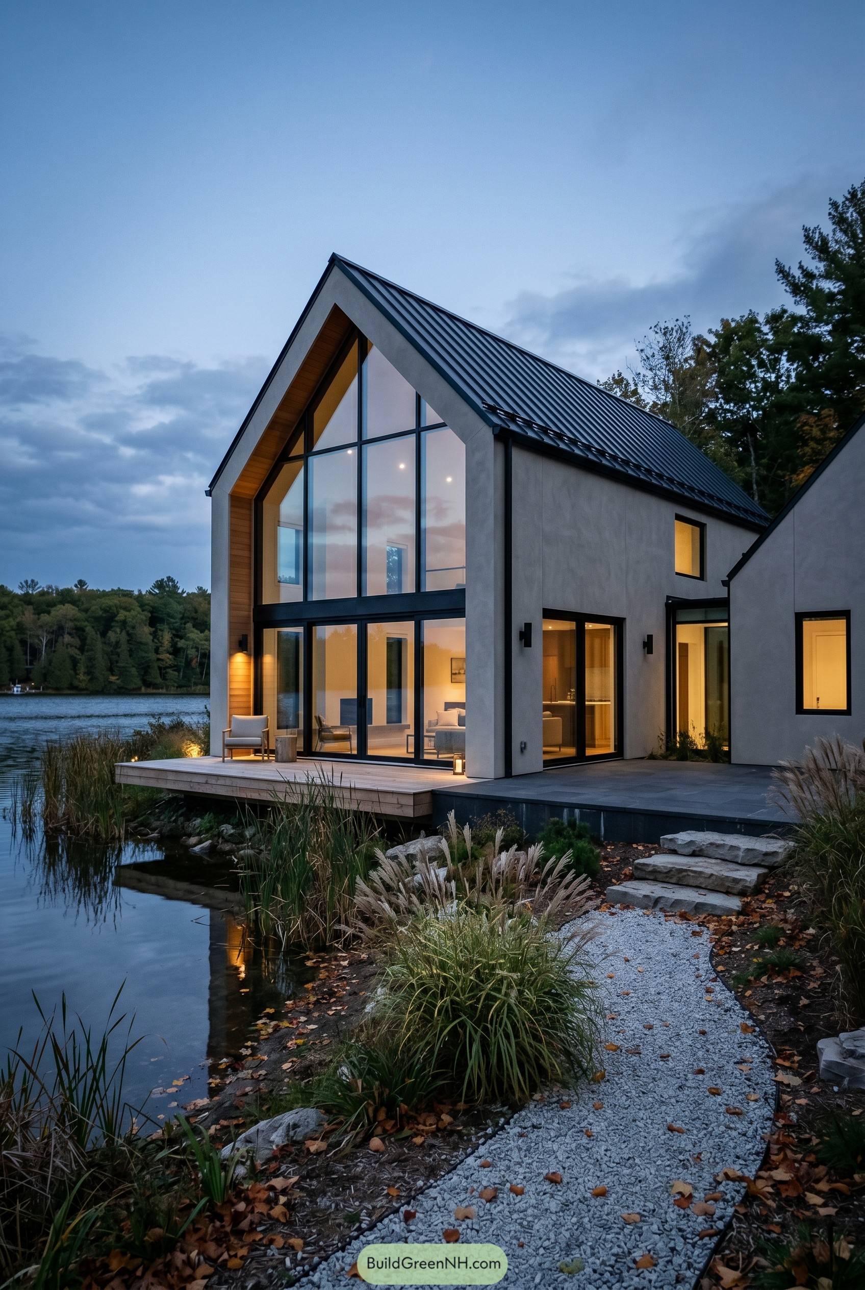 Greige lakeside gabled house with tall glass wall