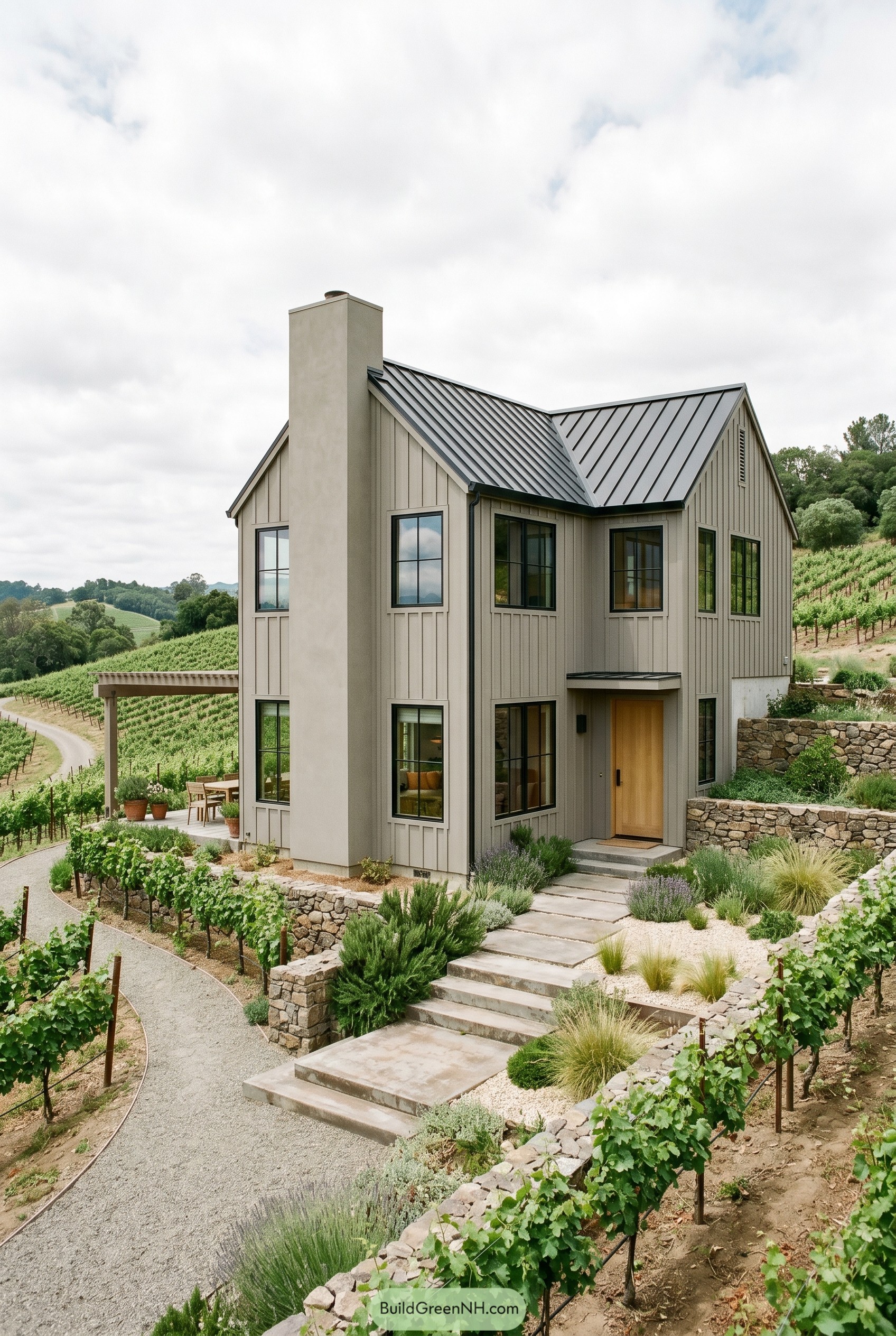Greige gabled house on vineyard hillside