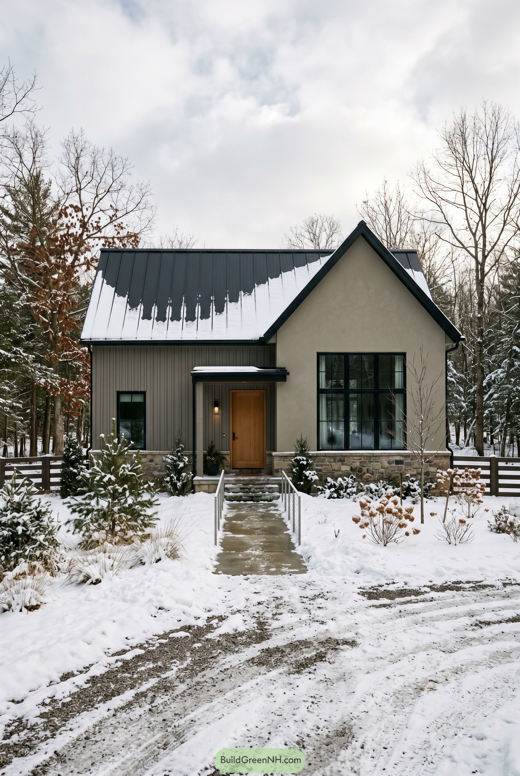 Greige modern gabled house in snow
