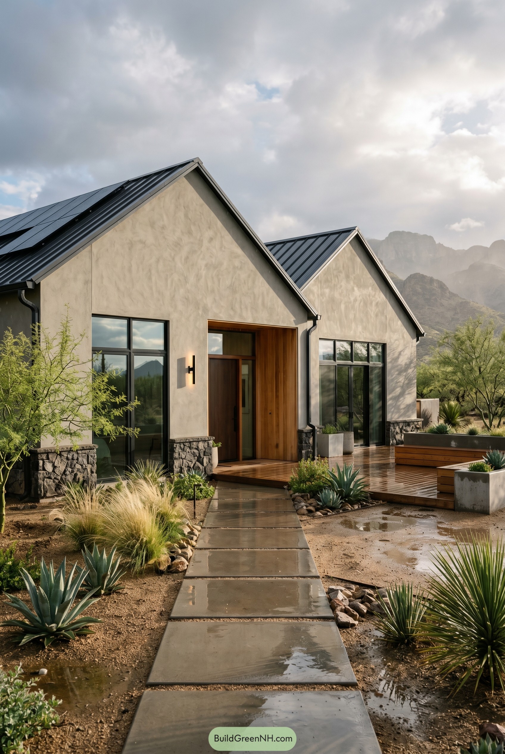 Greige twin gabled house with desert landscaping